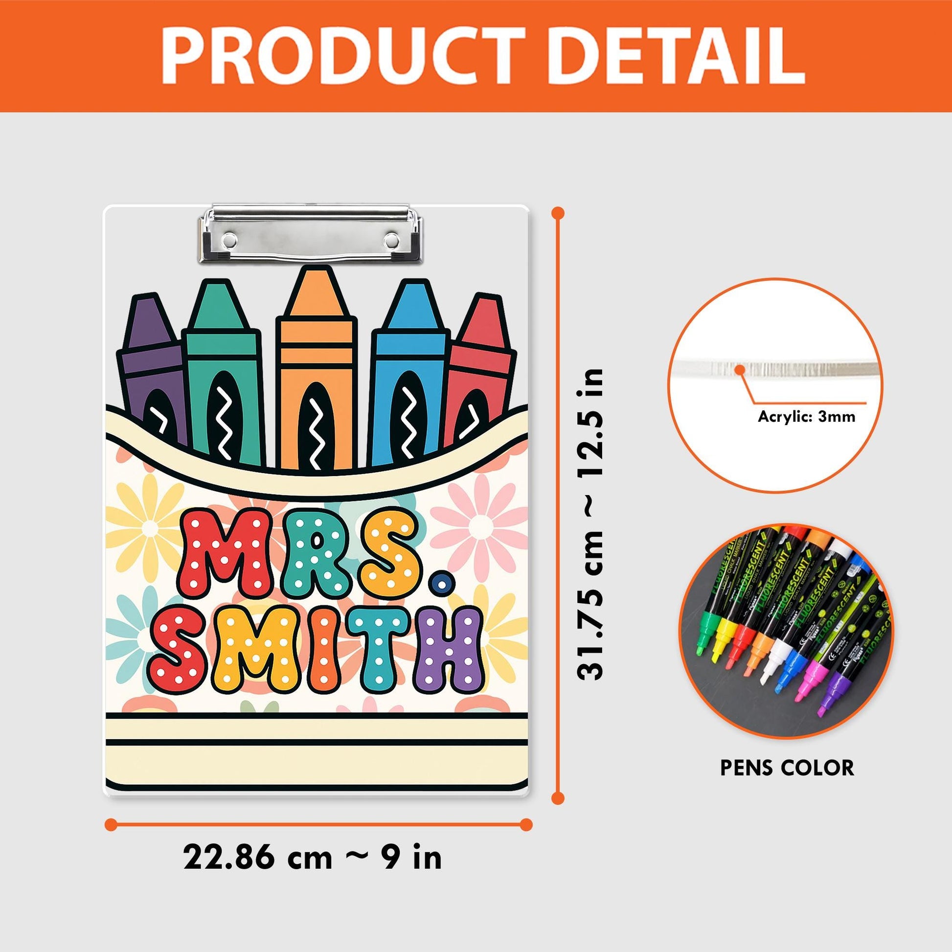 Personalized Teacher Clipboard with Name - Cute Crayon & Flower Design - Back to School Gift for Classroom Organization, Educators Gift
