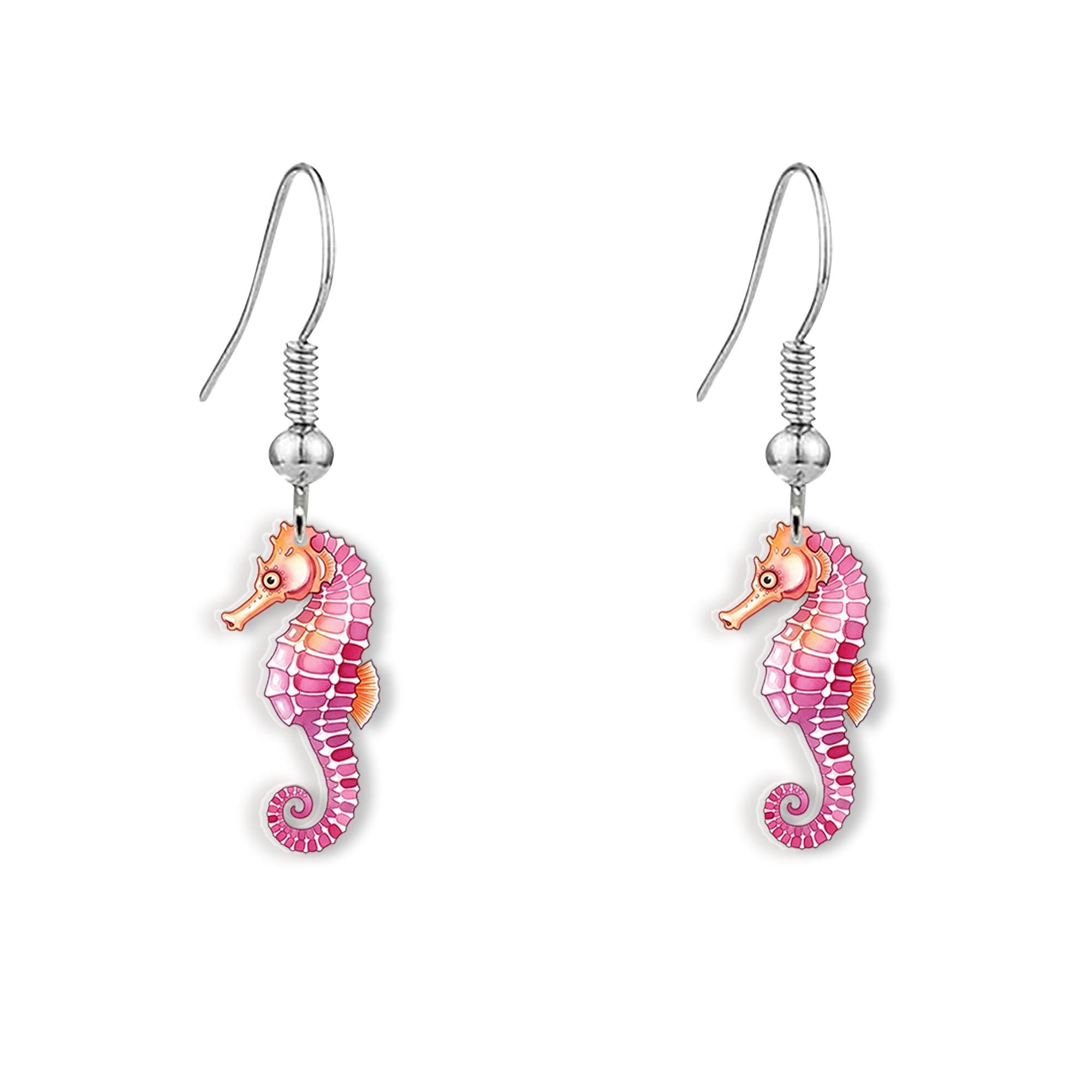 Pink Seahorse Earrings – Cute Ocean Animal Jewelry – Beach Lover Gift – Acrylic Dangle Earrings for Summer Style For Her, Mom - Beach Trip