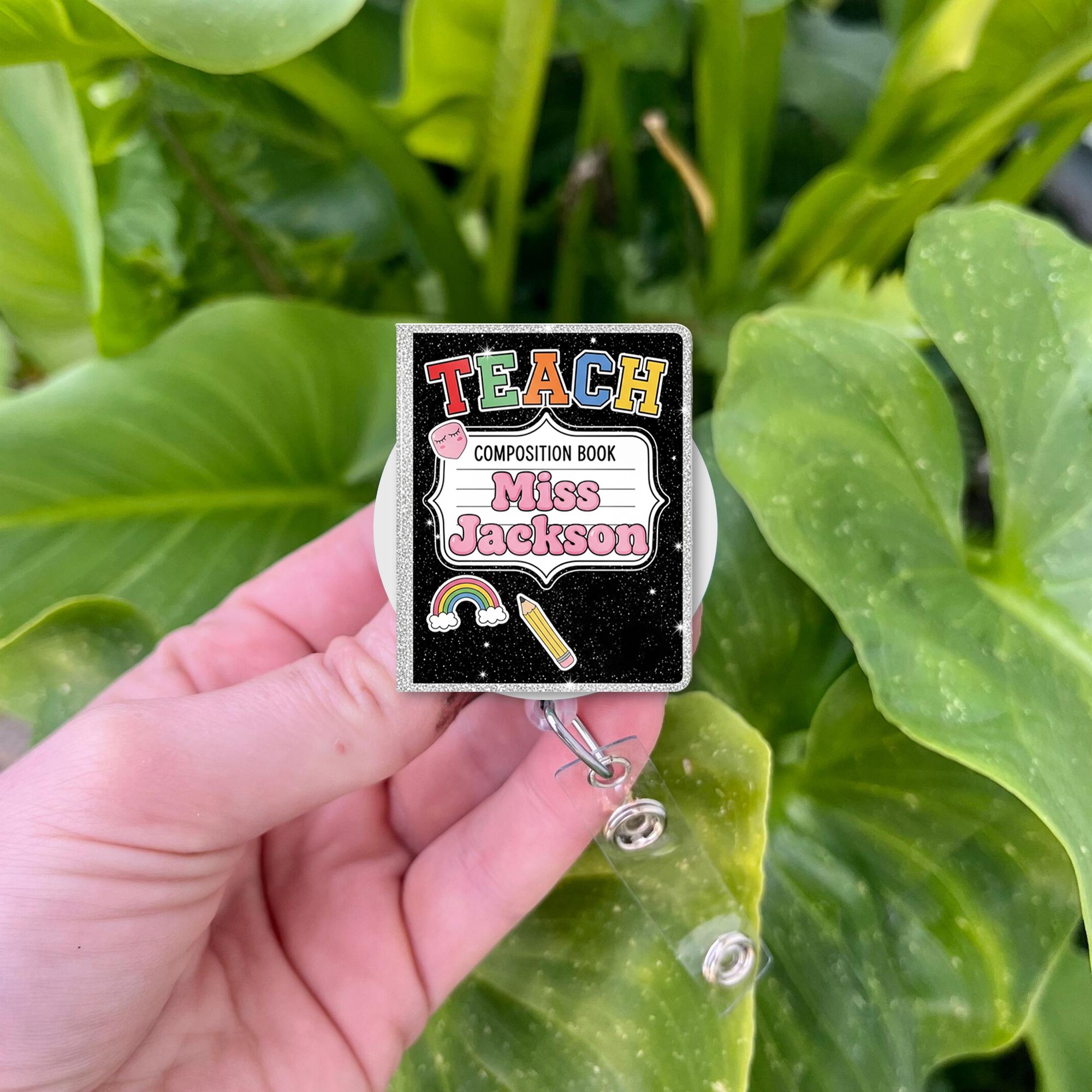 Teacher Badge Reel, Custom Name Composition Book ID Holder, Back to School Gift, Cute Teacher Badge Clip, Personalized Reel