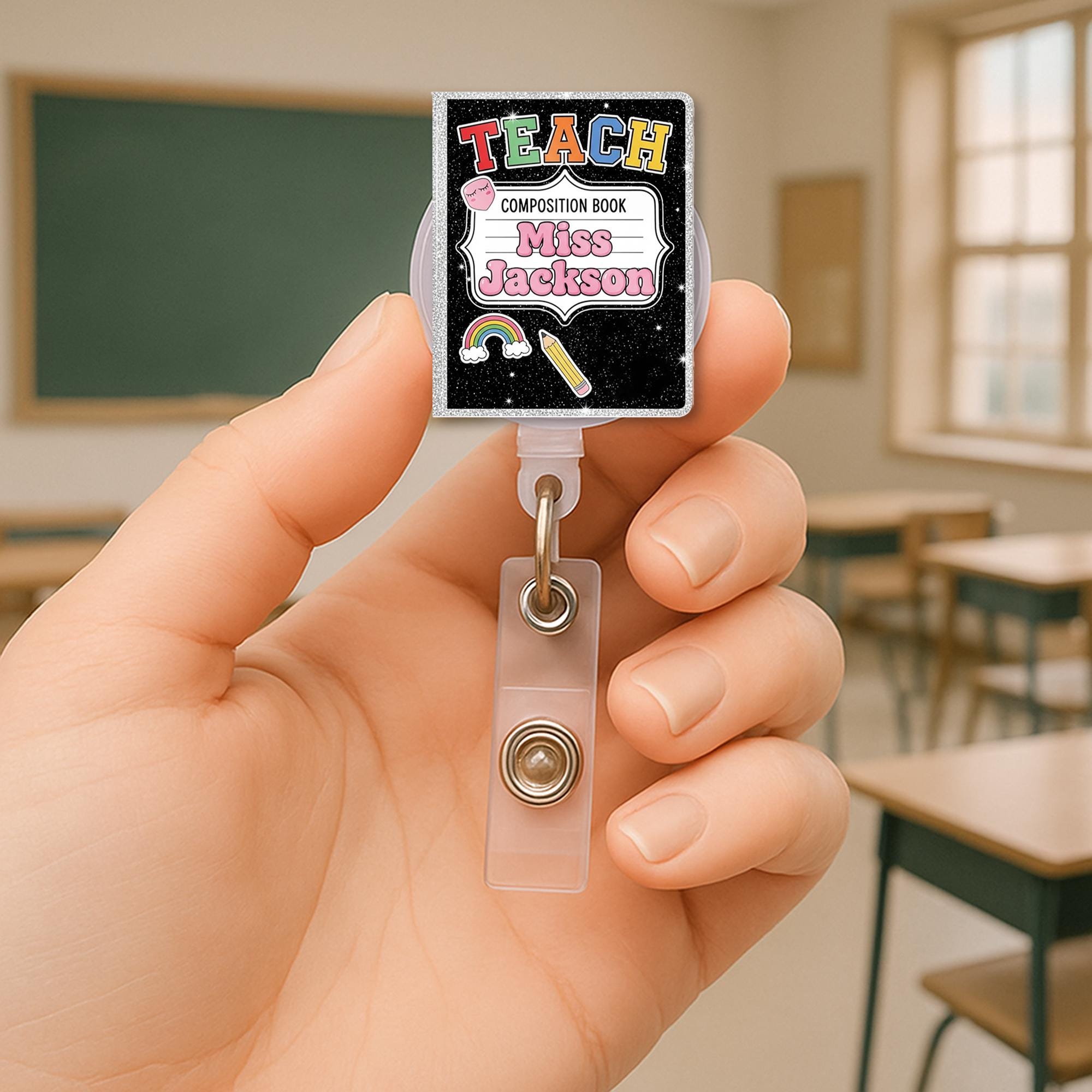 Teacher Badge Reel, Custom Name Composition Book ID Holder, Back to School Gift, Cute Teacher Badge Clip, Personalized Reel