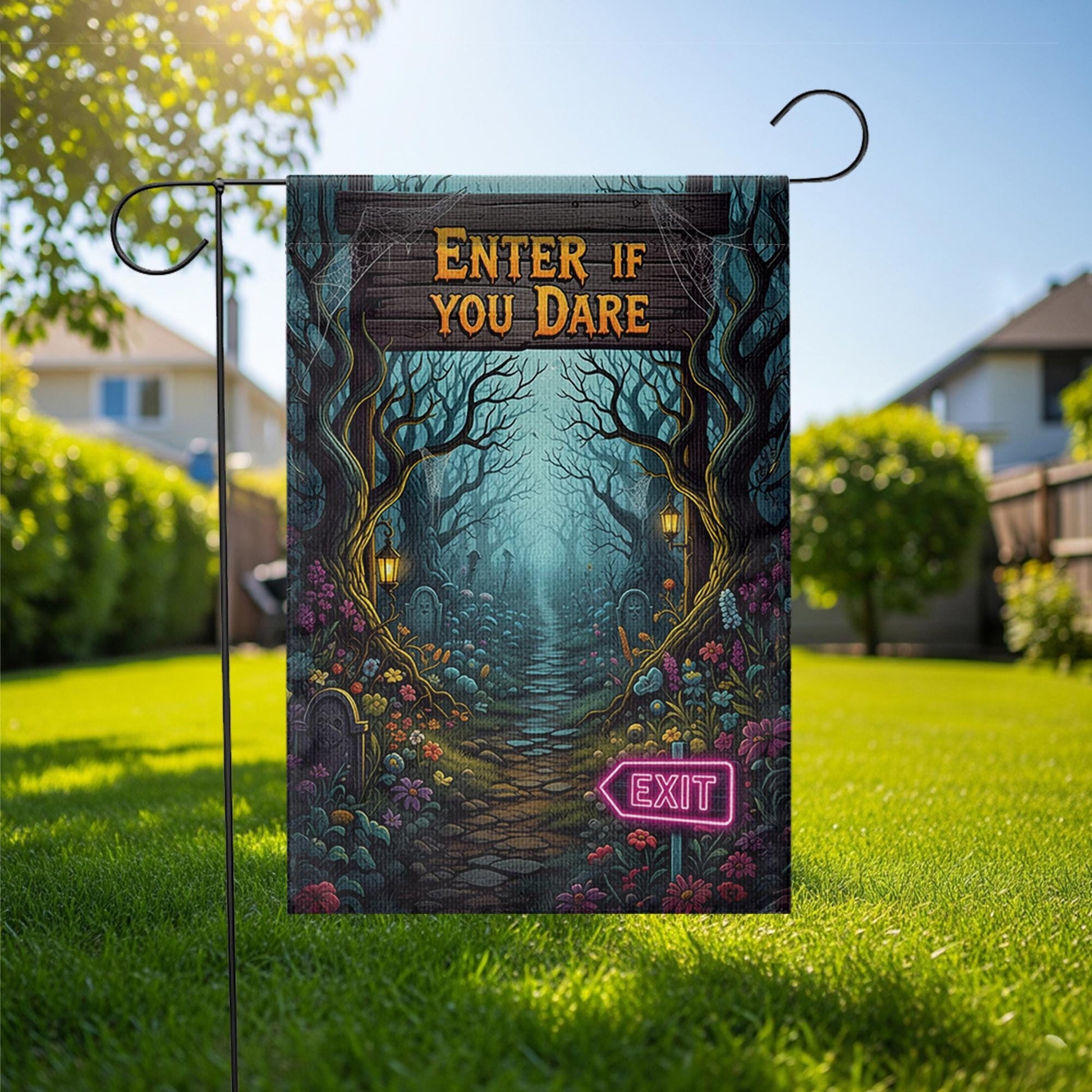 Spooky Halloween Garden Flag - Enter If You Dare Sign with Neon Exit, Creepy Graveyard Yard Decor, Scary Outdoor Fall Decoration