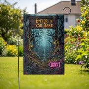 Spooky Halloween Garden Flag - Enter If You Dare Sign with Neon Exit, Creepy Graveyard Yard Decor, Scary Outdoor Fall Decoration