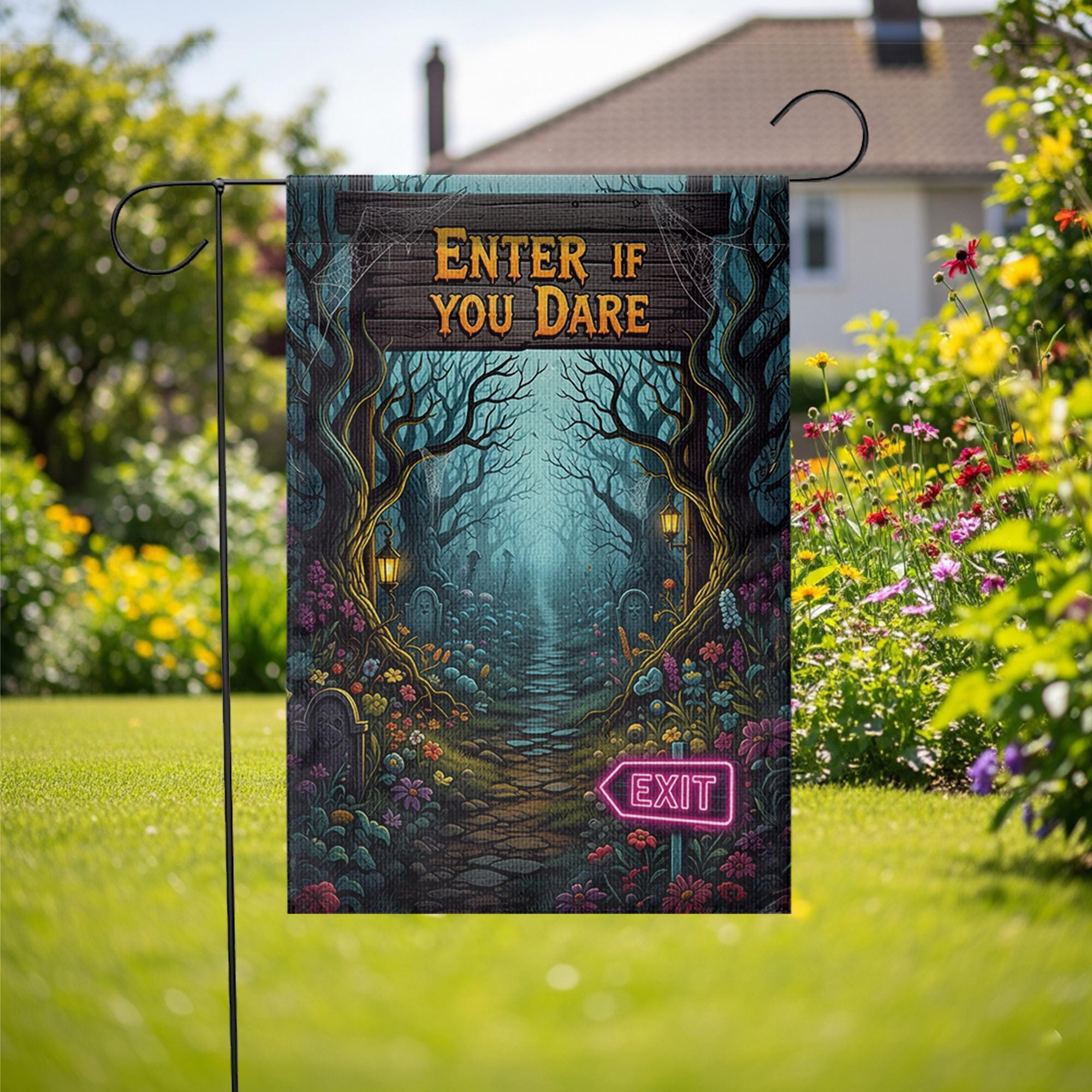 Spooky Halloween Garden Flag - Enter If You Dare Sign with Neon Exit, Creepy Graveyard Yard Decor, Scary Outdoor Fall Decoration
