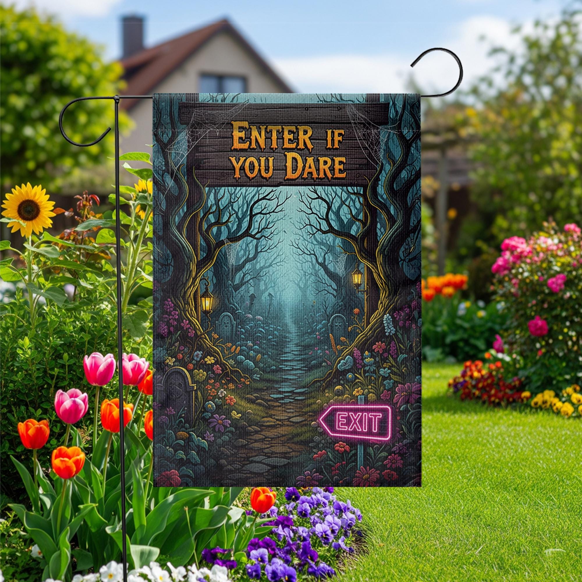 Spooky Halloween Garden Flag - Enter If You Dare Sign with Neon Exit, Creepy Graveyard Yard Decor, Scary Outdoor Fall Decoration