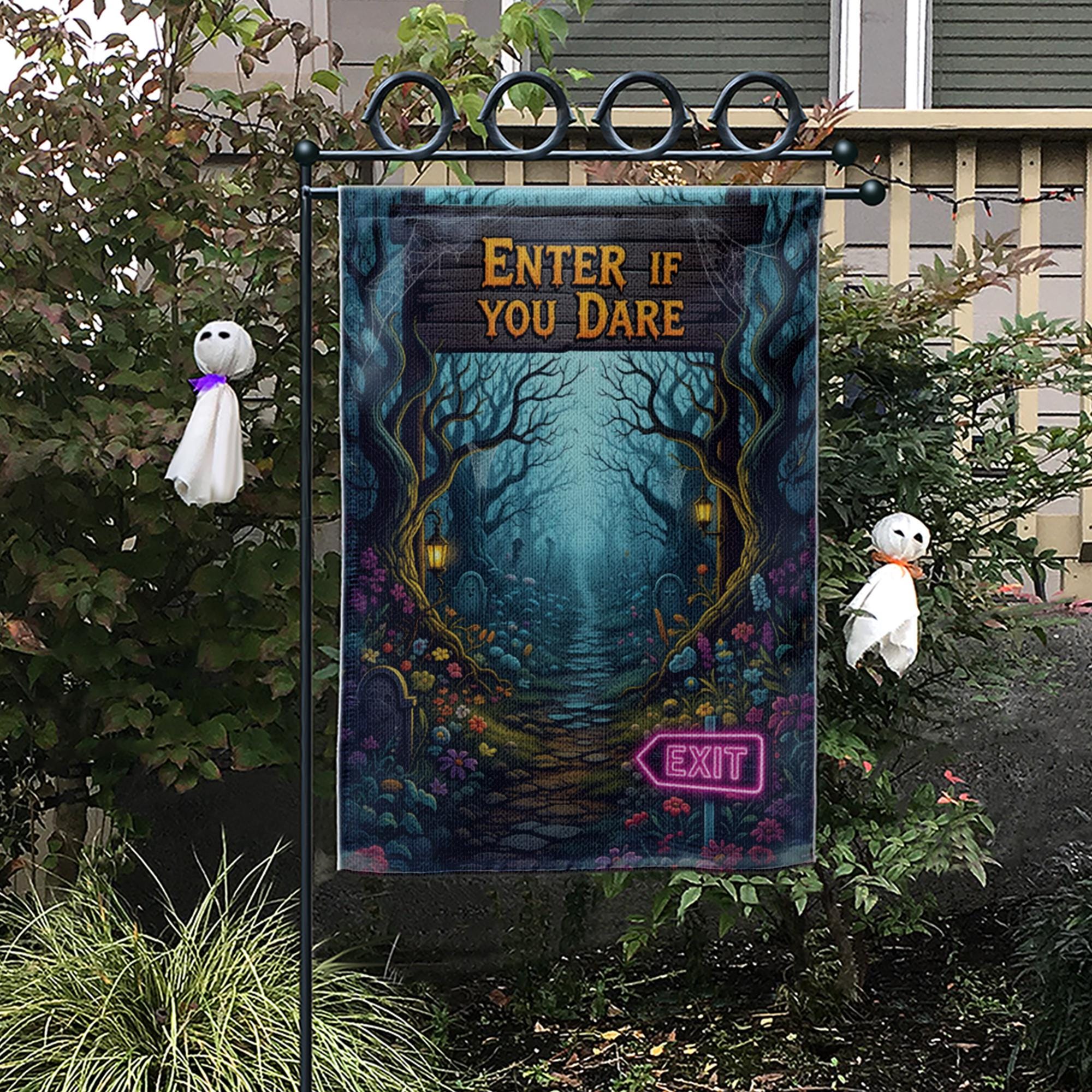 Spooky Halloween Garden Flag - Enter If You Dare Sign with Neon Exit, Creepy Graveyard Yard Decor, Scary Outdoor Fall Decoration
