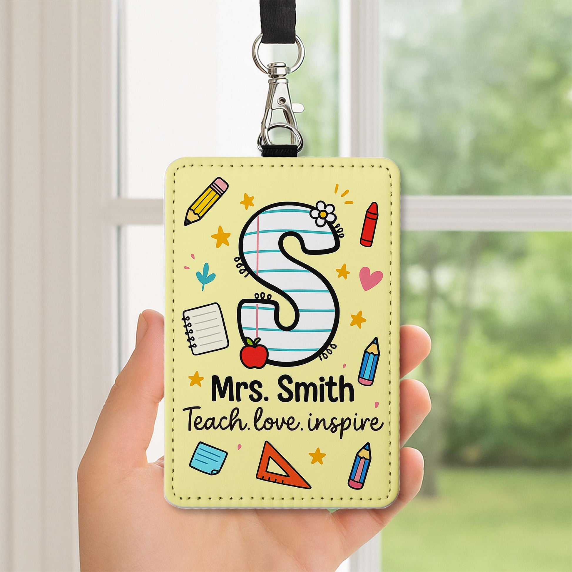 Personalized Teacher ID Badge, Custom Name Tag with Initial, Cute School Supply Design, Gift for Teachers, Back to School Accessory