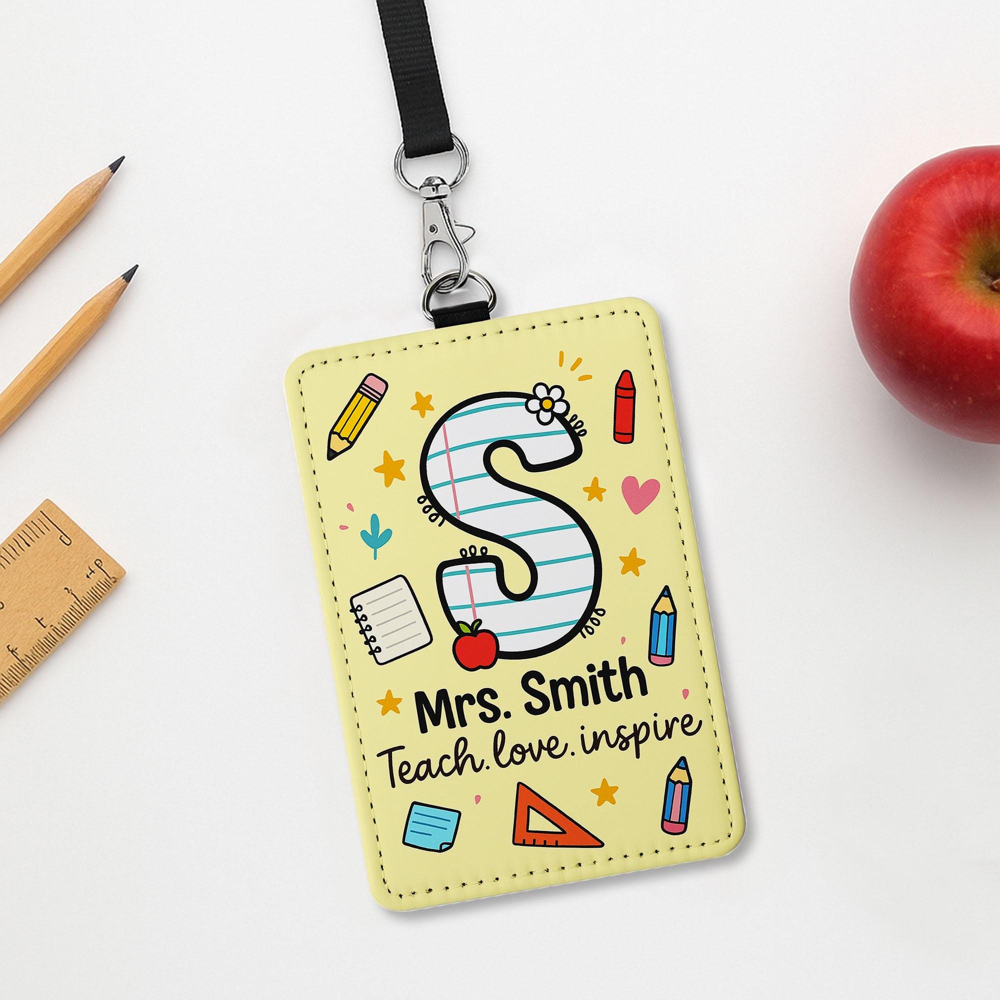 Personalized Teacher ID Badge, Custom Name Tag with Initial, Cute School Supply Design, Gift for Teachers, Back to School Accessory
