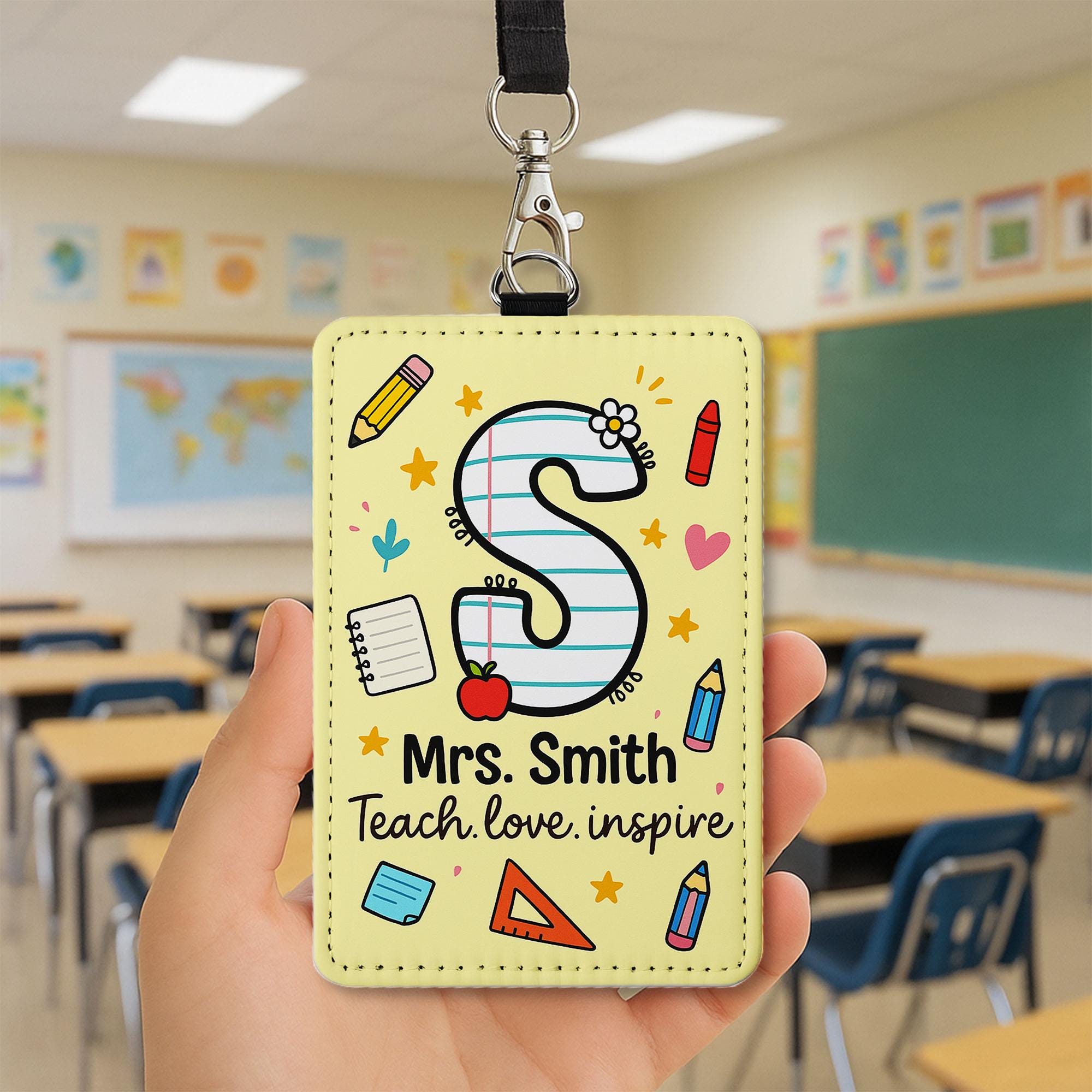 Personalized Teacher ID Badge, Custom Name Tag with Initial, Cute School Supply Design, Gift for Teachers, Back to School Accessory