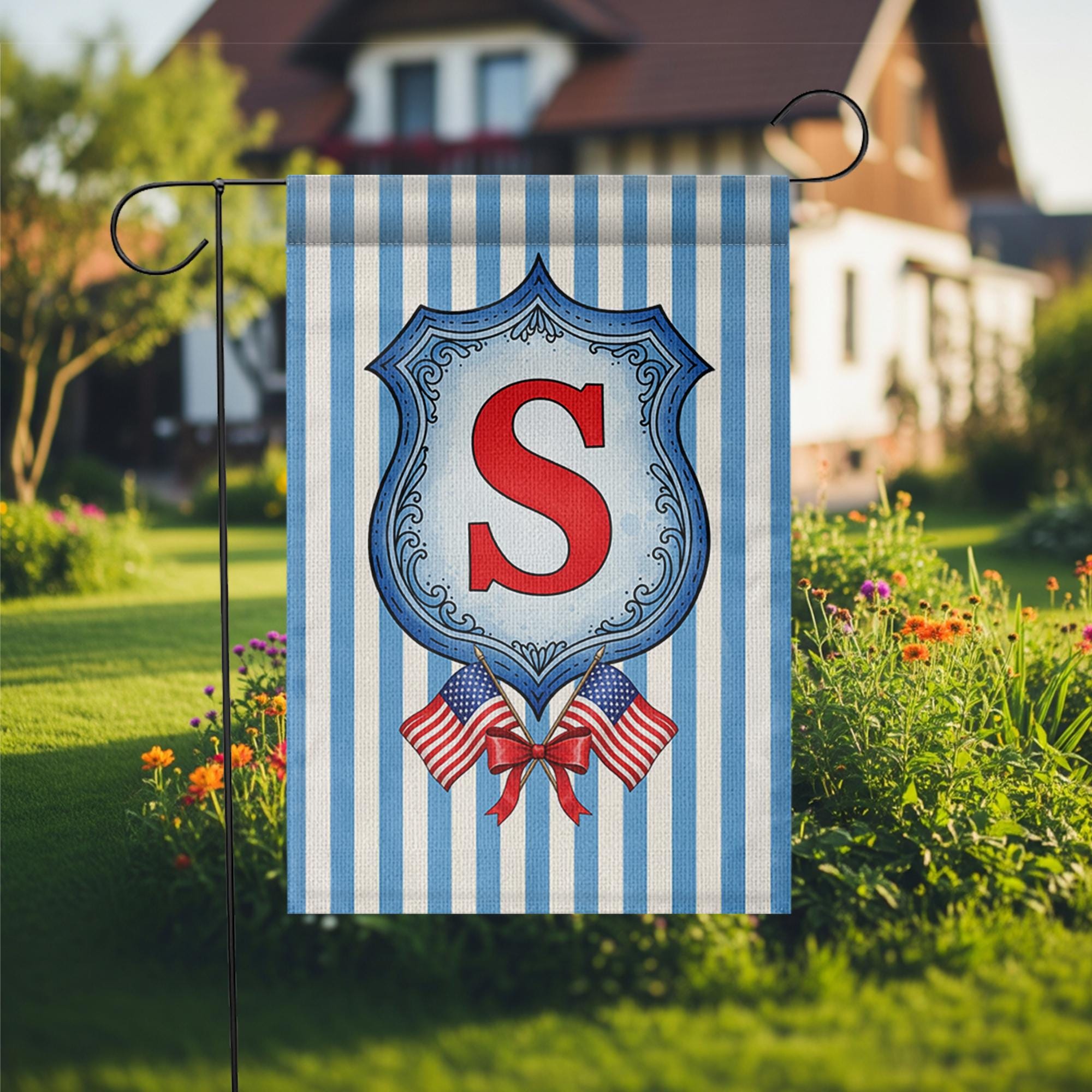 Patriotic Garden Flag with Monogram, Custom Initial Outdoor Flag, 4th of July Yard Decor, Red White Blue Americana Flag