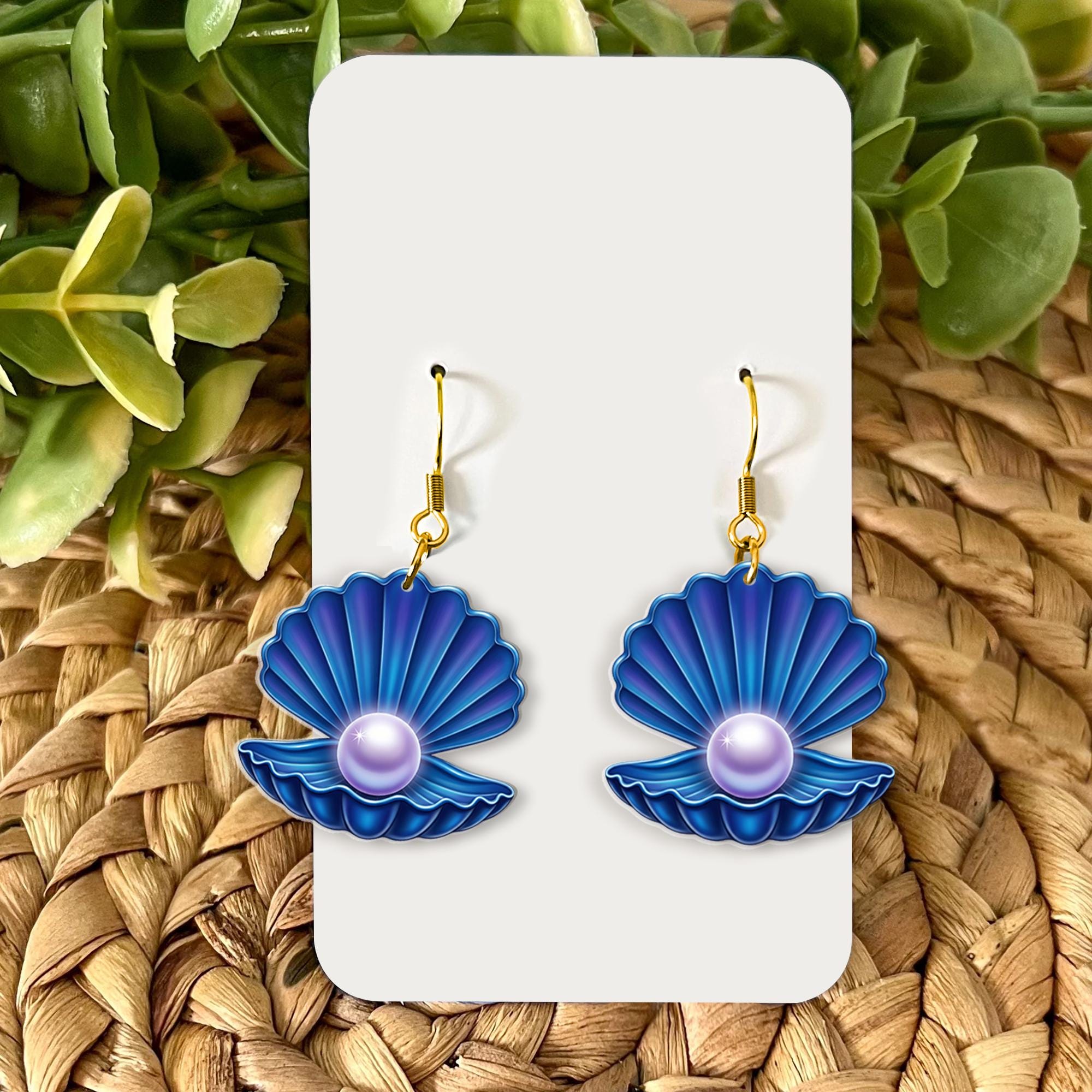 Blue Seashell Pearl Earrings – Ocean-Inspired Acrylic Dangle Jewelry, Mermaid Beach Gift, Summer Accessory For Beach Trip, Gift For Her, Mom