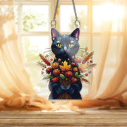 Fall Cat Suncatcher - Autumn Floral Black Cat Window Hanging Decor, Cute Stained Glass Style Sun Catcher for Cat Lovers & Home Gift