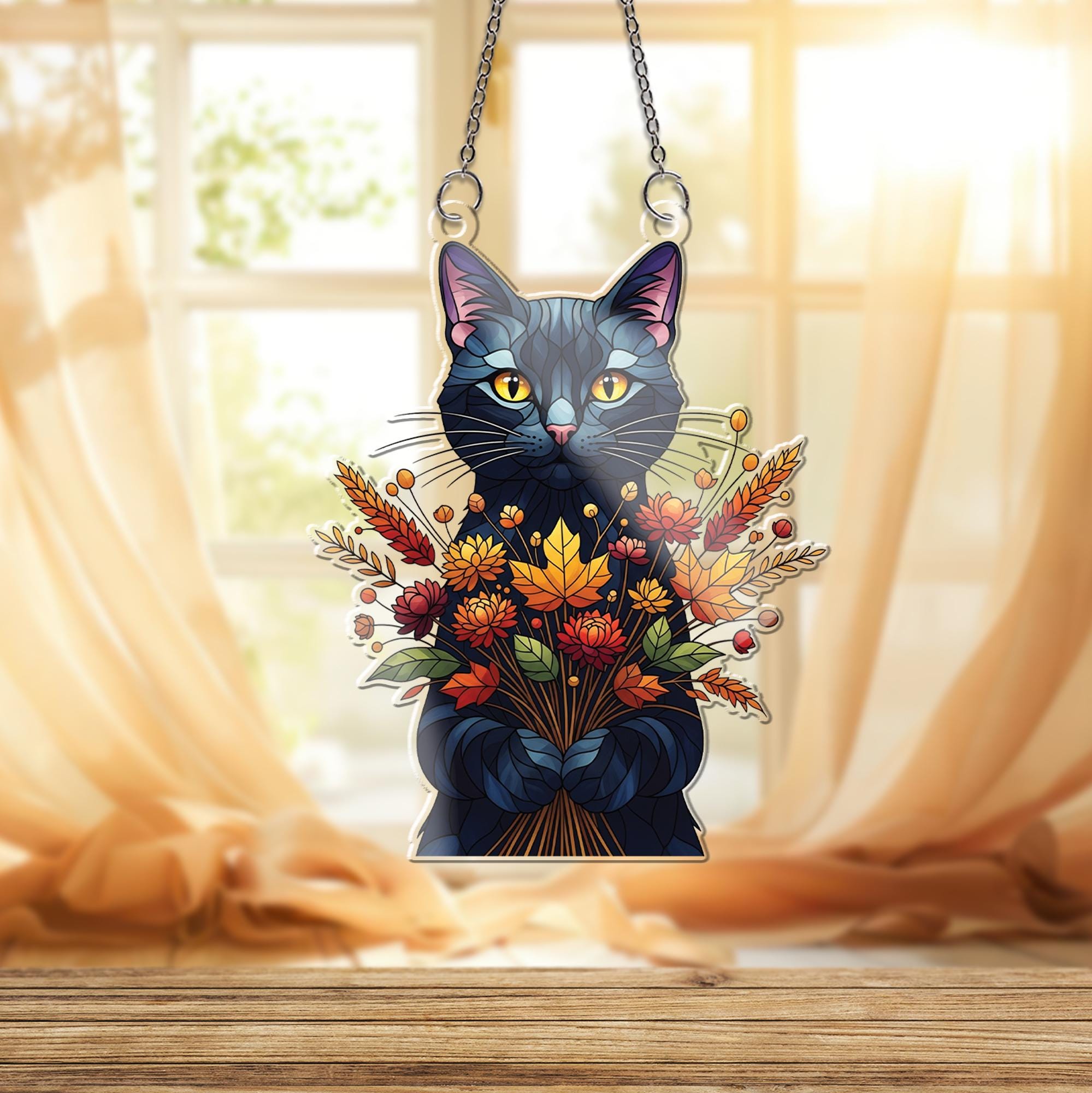 Fall Cat Suncatcher - Autumn Floral Black Cat Window Hanging Decor, Cute Stained Glass Style Sun Catcher for Cat Lovers & Home Gift