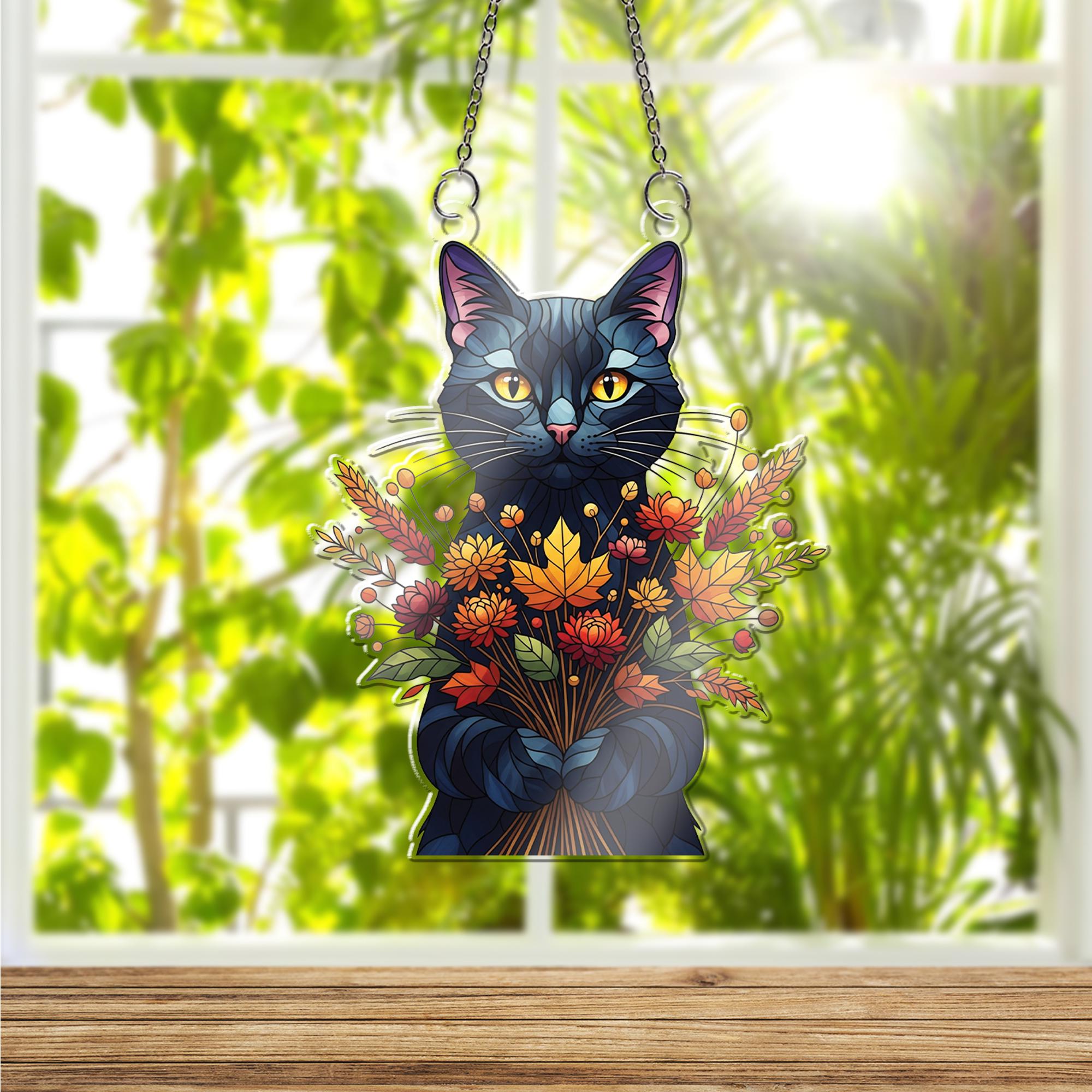 Fall Cat Suncatcher - Autumn Floral Black Cat Window Hanging Decor, Cute Stained Glass Style Sun Catcher for Cat Lovers & Home Gift
