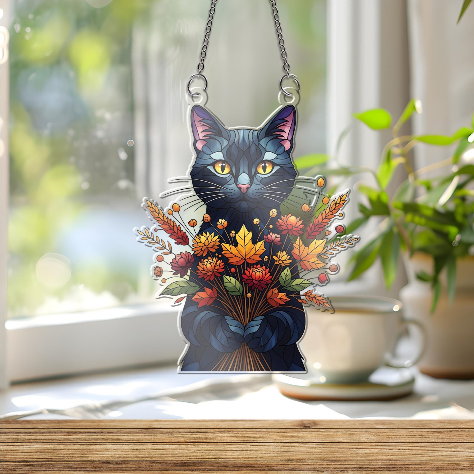 Fall Cat Suncatcher - Autumn Floral Black Cat Window Hanging Decor, Cute Stained Glass Style Sun Catcher for Cat Lovers & Home Gift