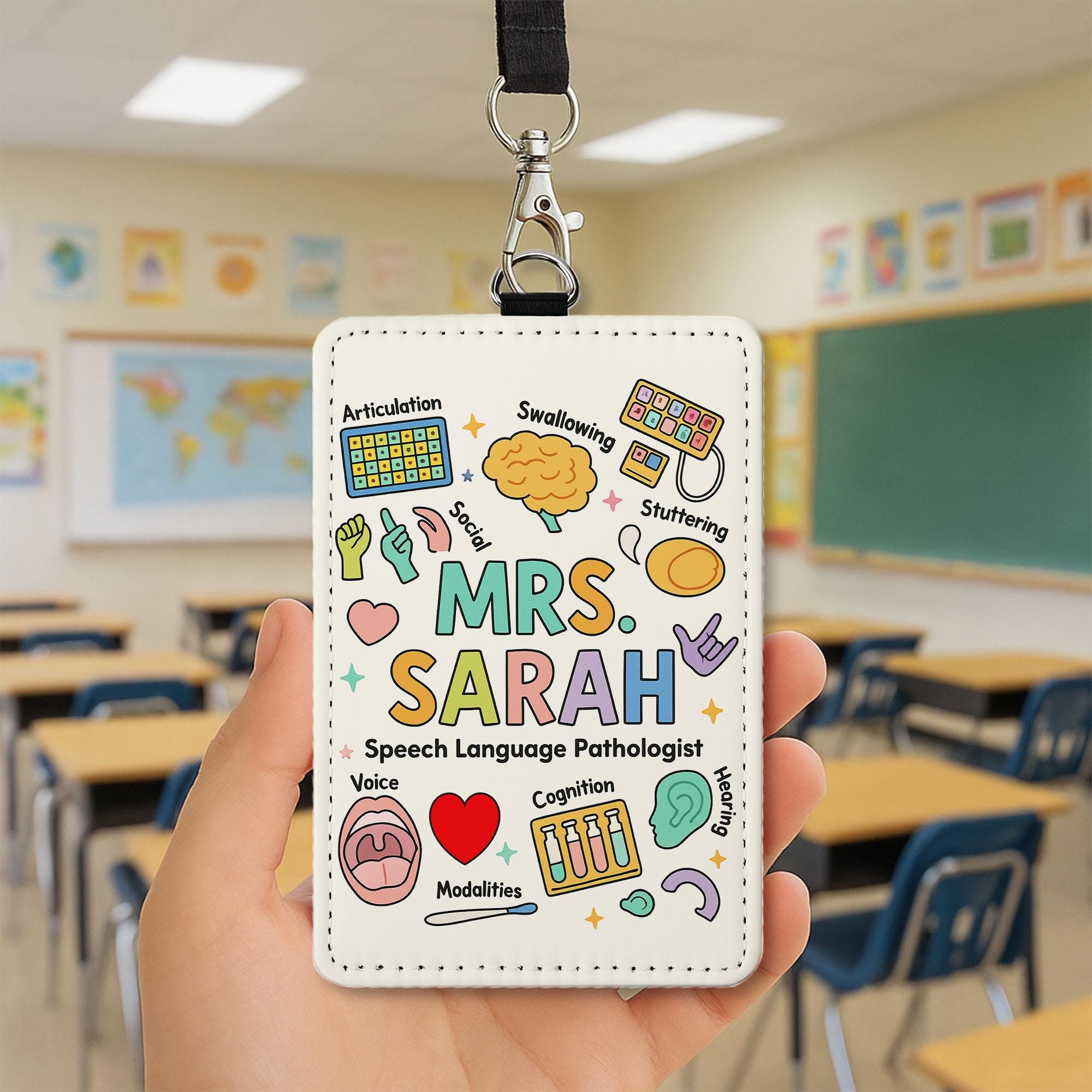 SLP ID Badge Holder, Personalized Speech Therapist Name Tag, Custom Lanyard Insert for Teachers, Gift for Language Pathologist