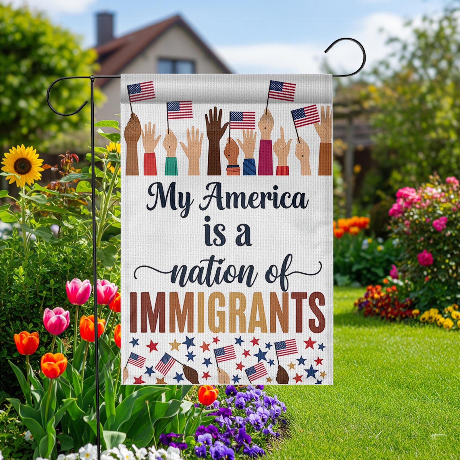 My America Nation of Immigrants Flag, Patriotic Garden Flag, Inclusive Yard Decor, 4th of July Outdoor Sign, Unity Lawn Flag
