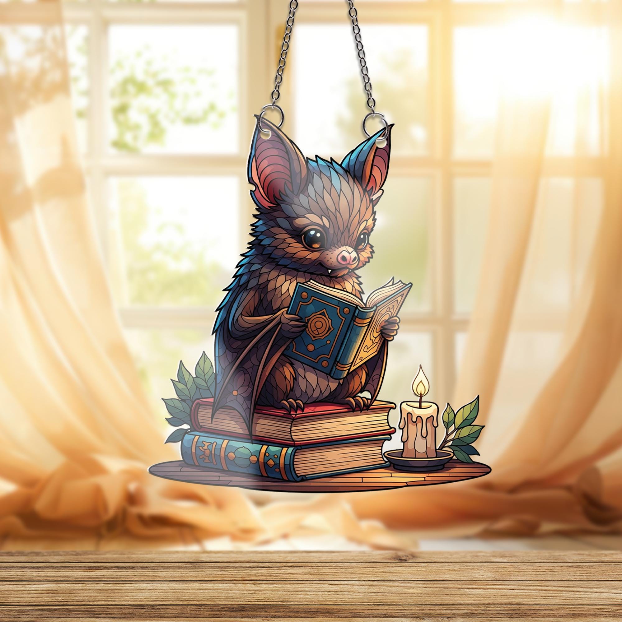 Bookish Bat Suncatcher - Cute Reading Bat Window Hanging Decor, Gothic Cottagecore Sun Catcher for Book Lovers & Cozy Home Gift