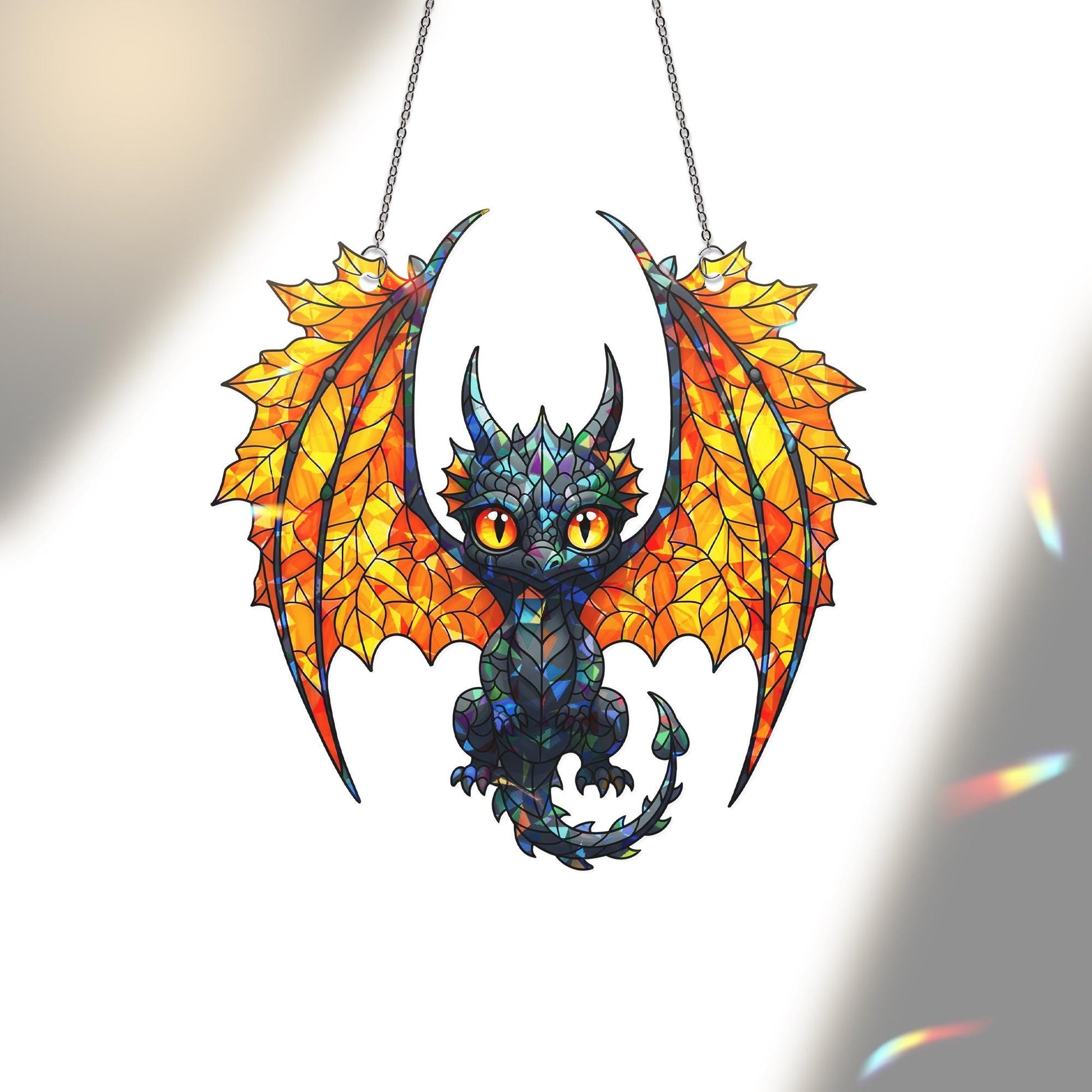 Holographic Dragon Suncatcher - Stained Glass Baby Dragon Window Hanging, Fantasy Creature Decor, Gothic Fairycore Gift for Home
