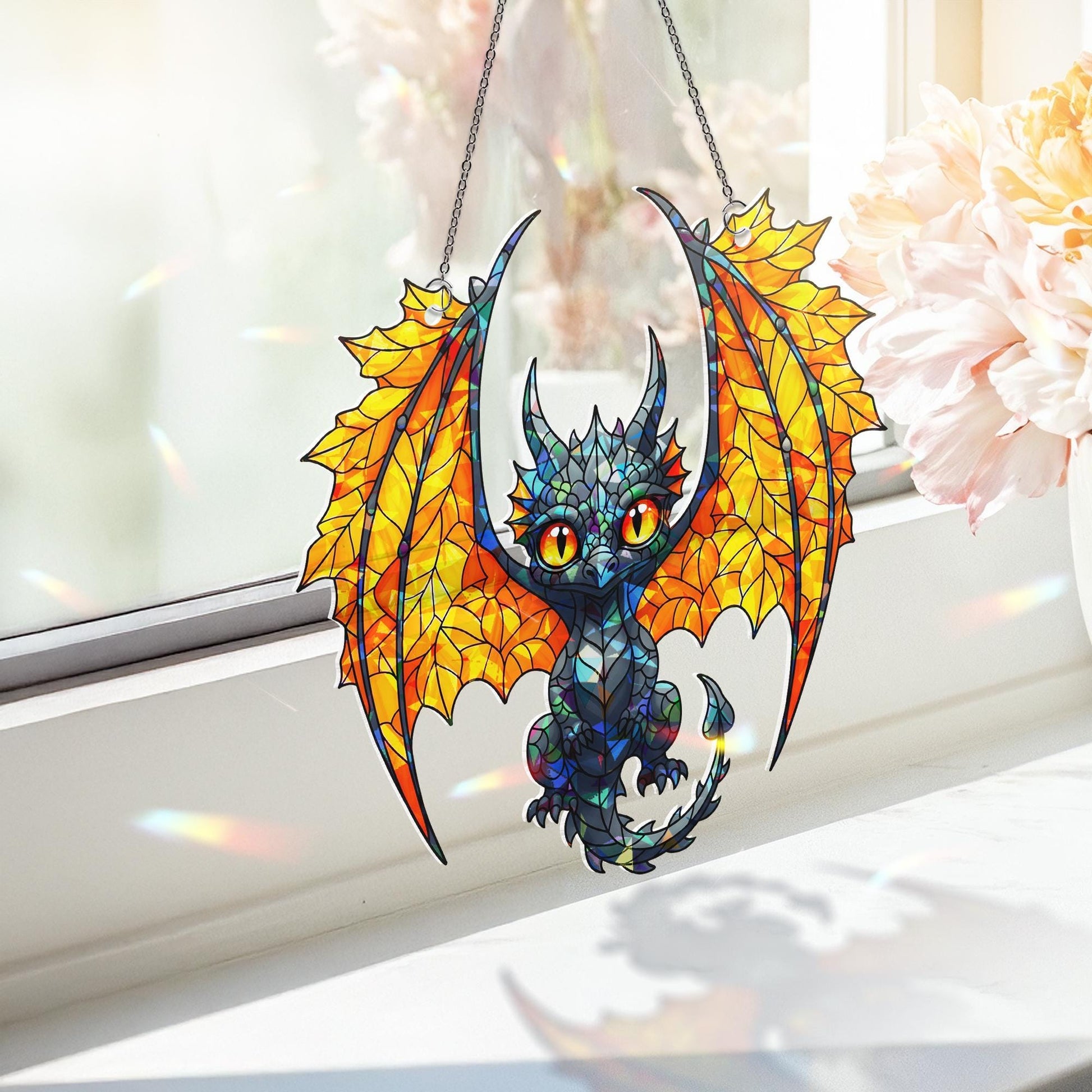 Holographic Dragon Suncatcher - Stained Glass Baby Dragon Window Hanging, Fantasy Creature Decor, Gothic Fairycore Gift for Home