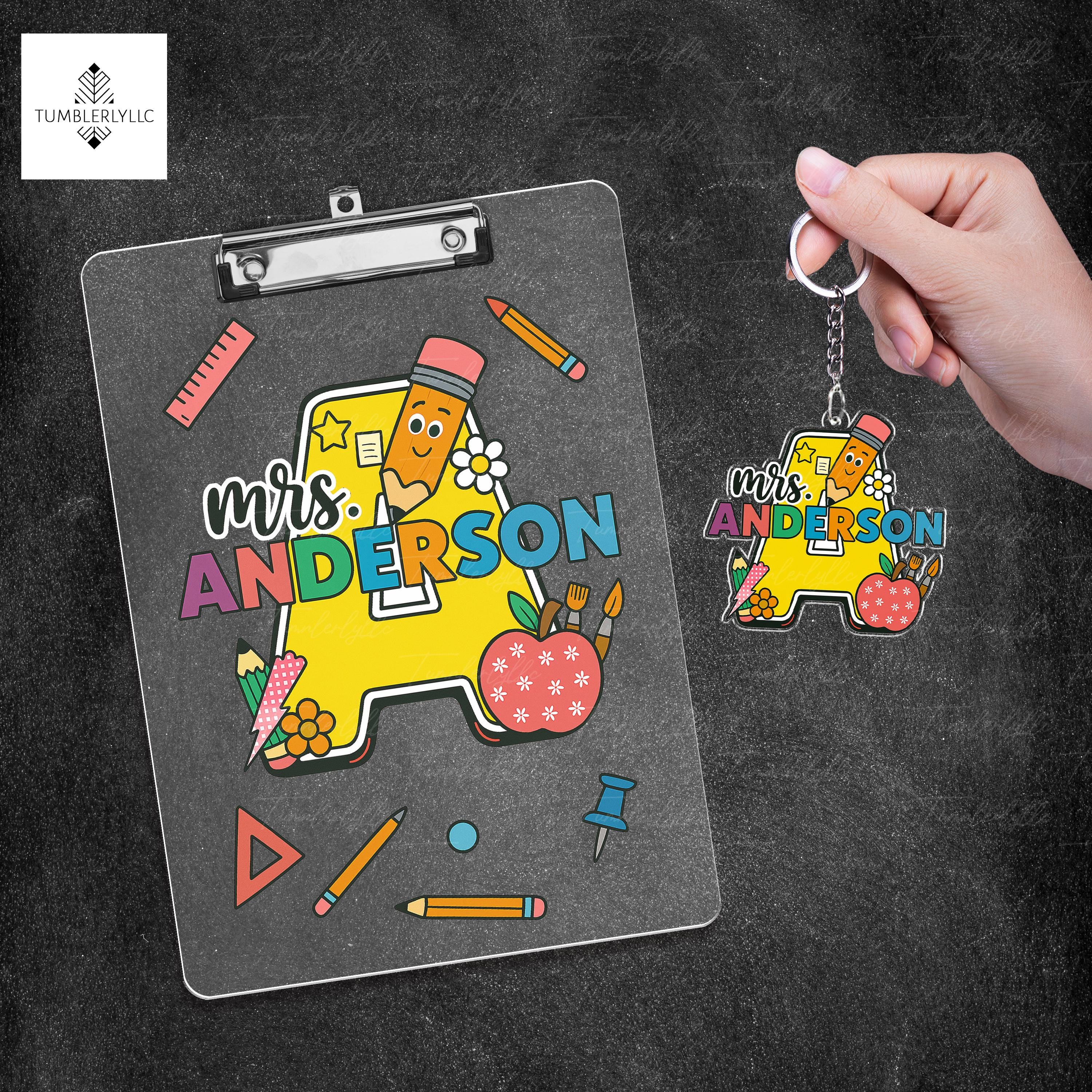 Personalized Teacher Clipboard and Keychain, Custom Gift for Teachers, Cute Back to School Supplies, Pencil and Apple Design