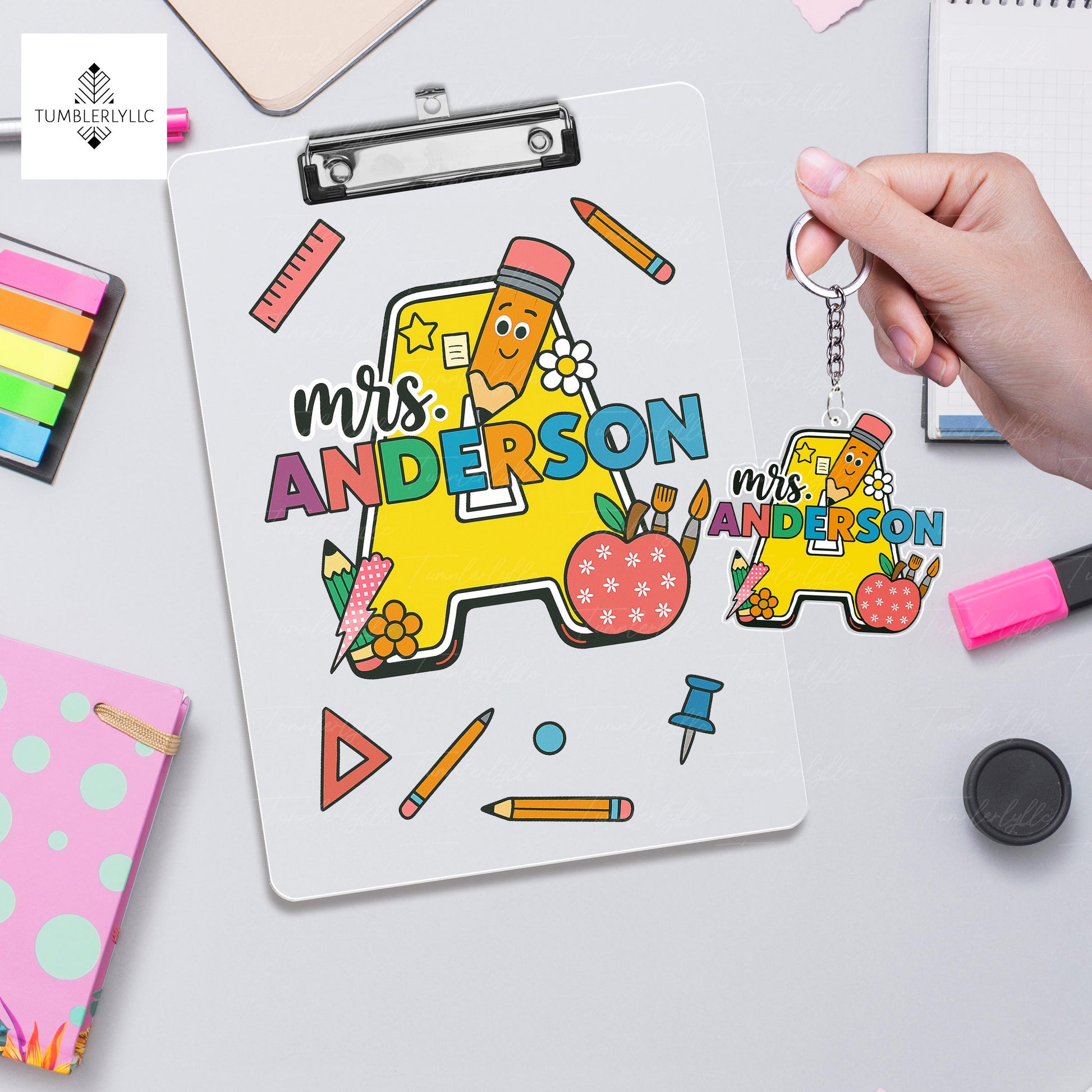 Personalized Teacher Clipboard and Keychain, Custom Gift for Teachers, Cute Back to School Supplies, Pencil and Apple Design