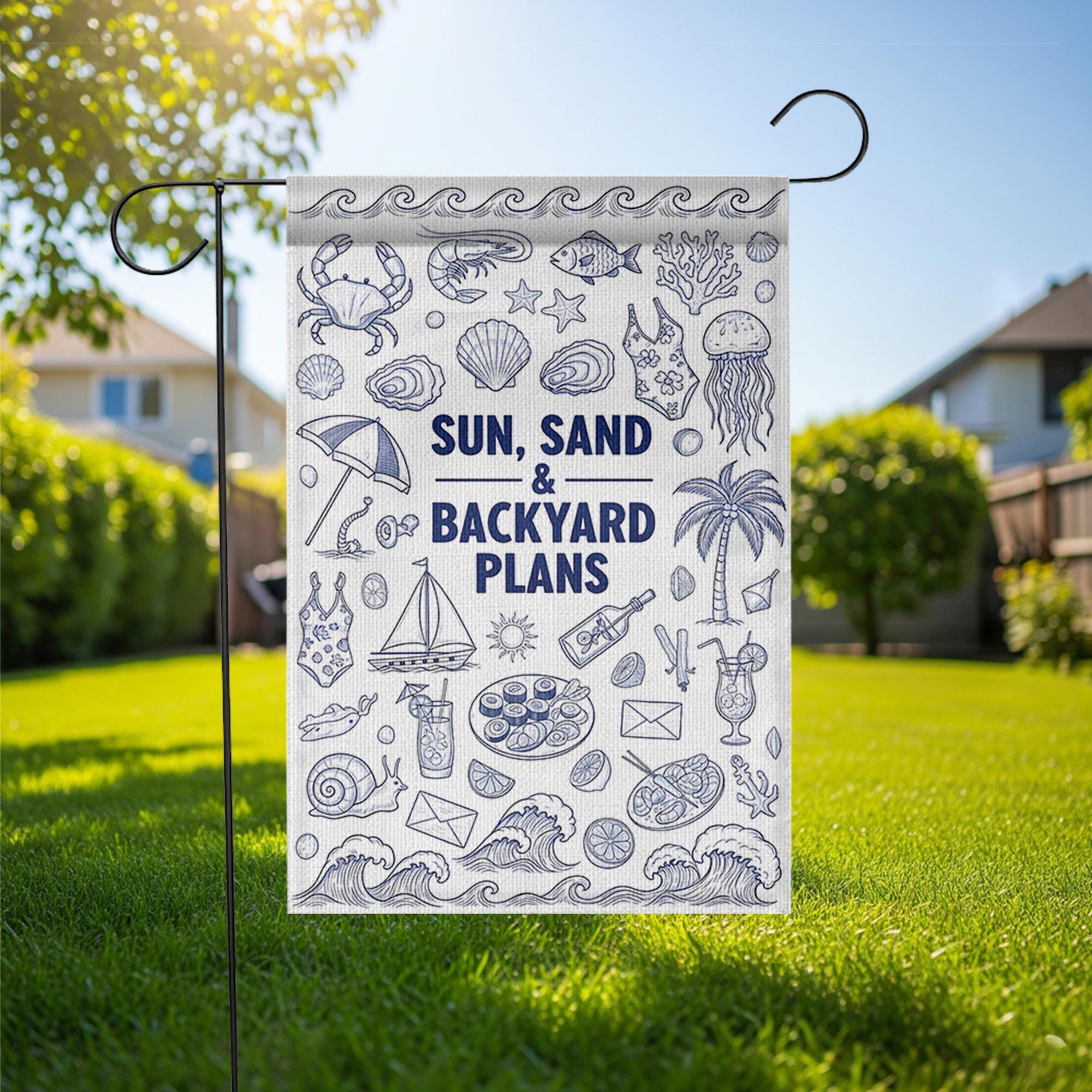 Sun Sand and Backyard Plans Garden Flag, Summer Beach Theme Yard Decor, Coastal Outdoor Flag, Pool Party Patio Decoration