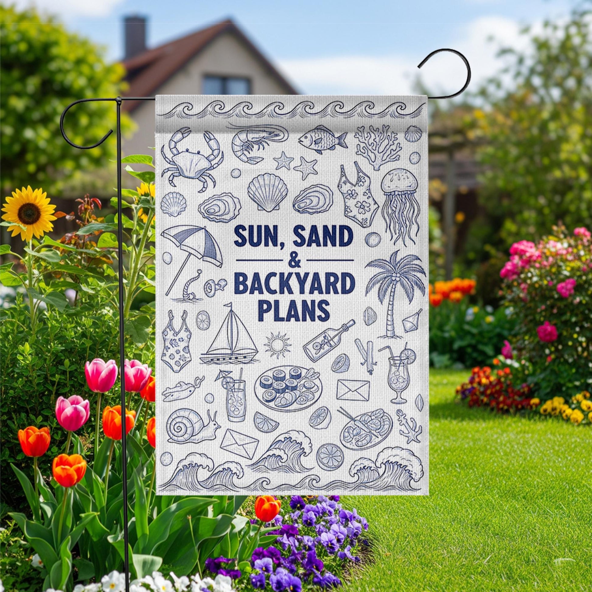 Sun Sand and Backyard Plans Garden Flag, Summer Beach Theme Yard Decor, Coastal Outdoor Flag, Pool Party Patio Decoration