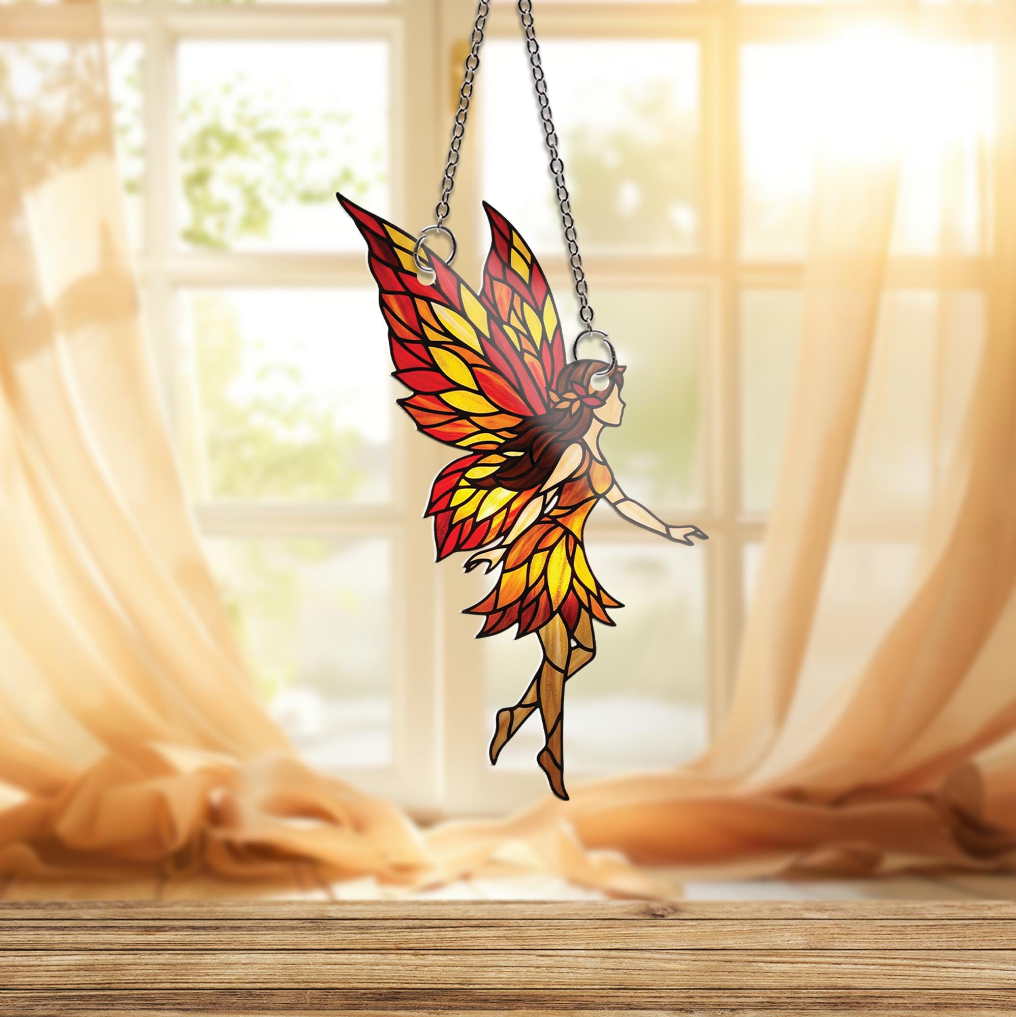 Autumn Fairy Suncatcher - Stained Glass Style Fall Fairy Window Hanging, Whimsical Leaf Wing Decor, Cottagecore Fairycore Gift