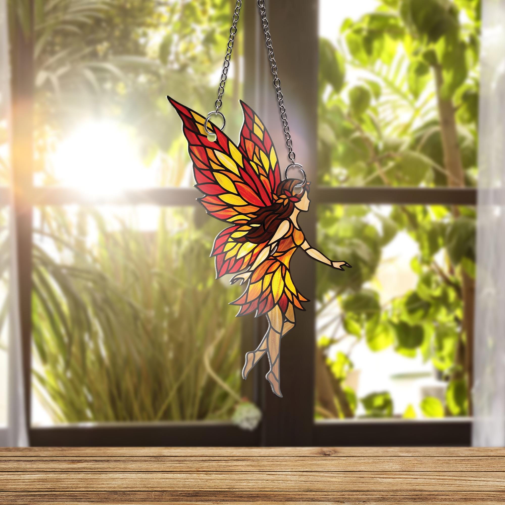 Autumn Fairy Suncatcher - Stained Glass Style Fall Fairy Window Hanging, Whimsical Leaf Wing Decor, Cottagecore Fairycore Gift