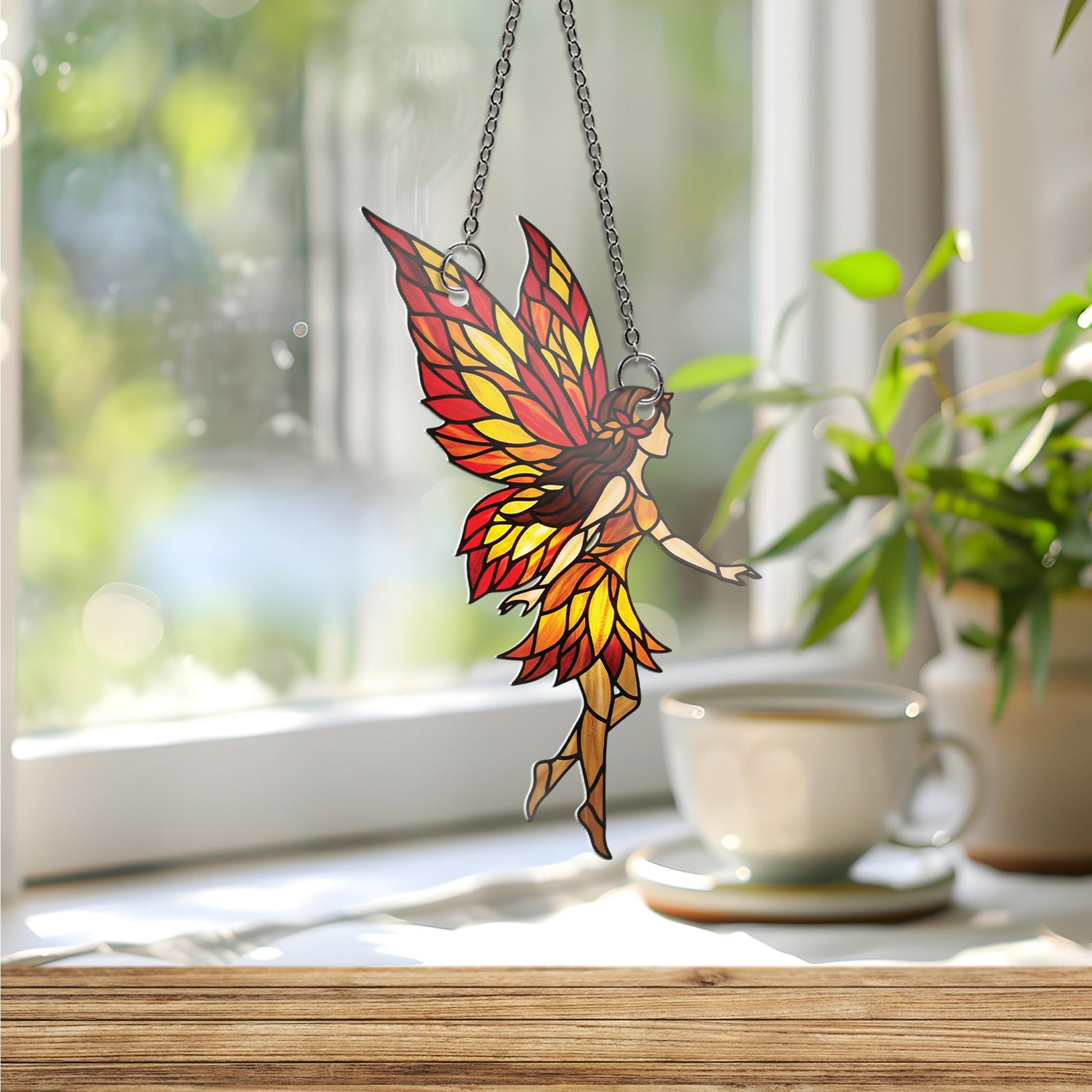 Autumn Fairy Suncatcher - Stained Glass Style Fall Fairy Window Hanging, Whimsical Leaf Wing Decor, Cottagecore Fairycore Gift