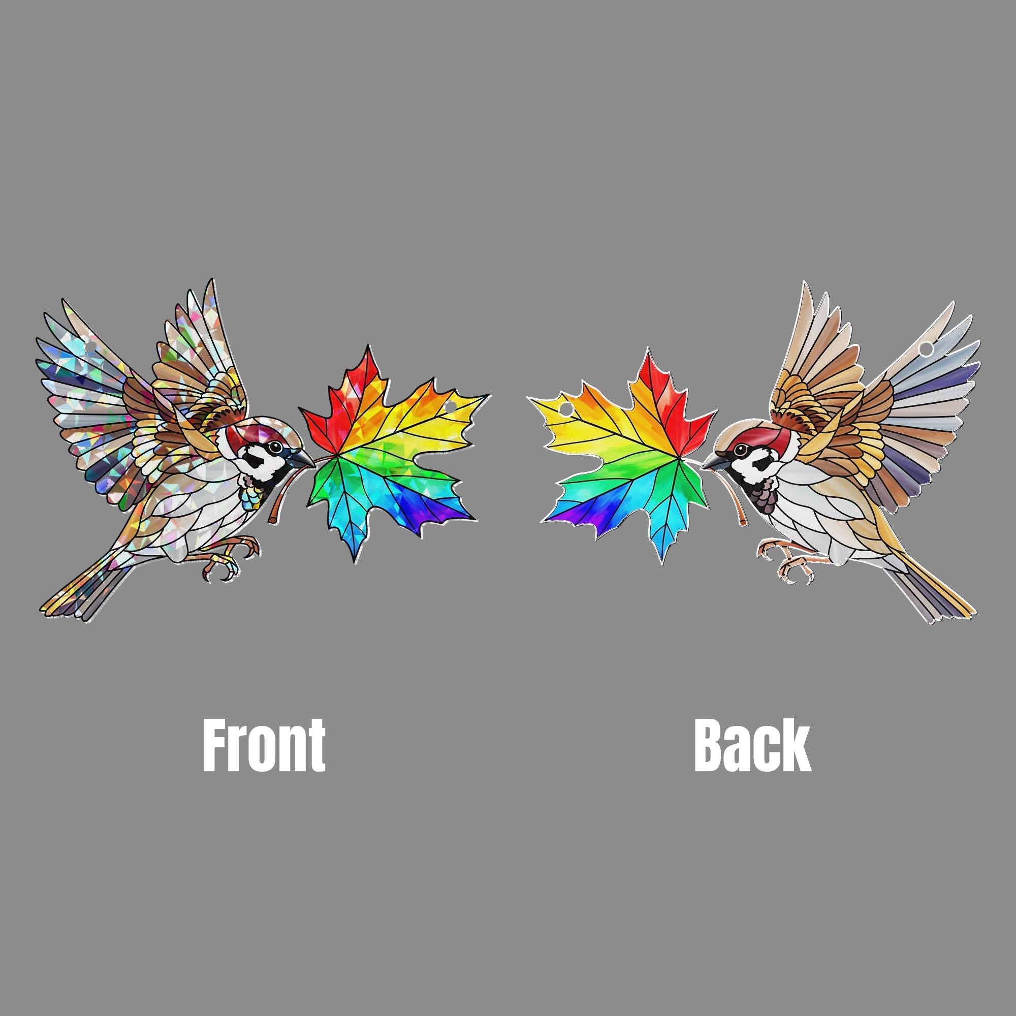 Holographic Sparrow Suncatcher - Rainbow Leaf Bird Window Hanging, Stained Glass Style Window Art, Colorful Cottagecore Decor Gift