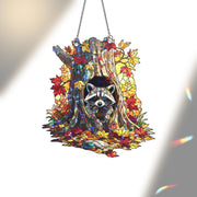 Holographic Raccoon Suncatcher - Stained Glass Fall Tree Window Hanging, Woodland Animal Leaf Decor, Cute Forest Cottagecore Gift