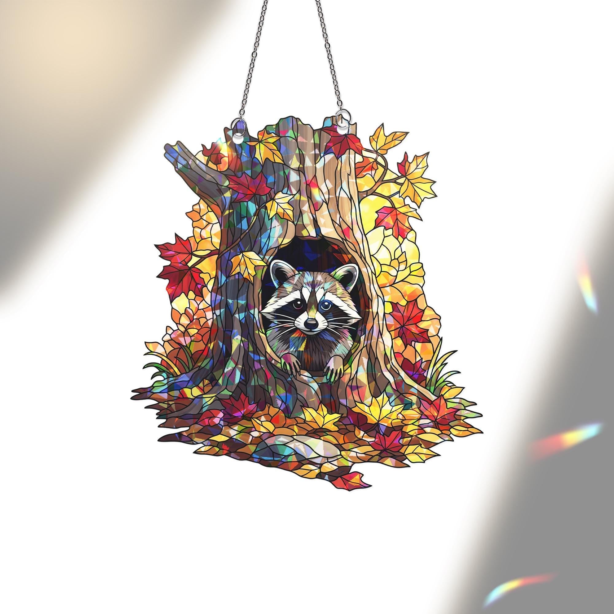 Holographic Raccoon Suncatcher - Stained Glass Fall Tree Window Hanging, Woodland Animal Leaf Decor, Cute Forest Cottagecore Gift