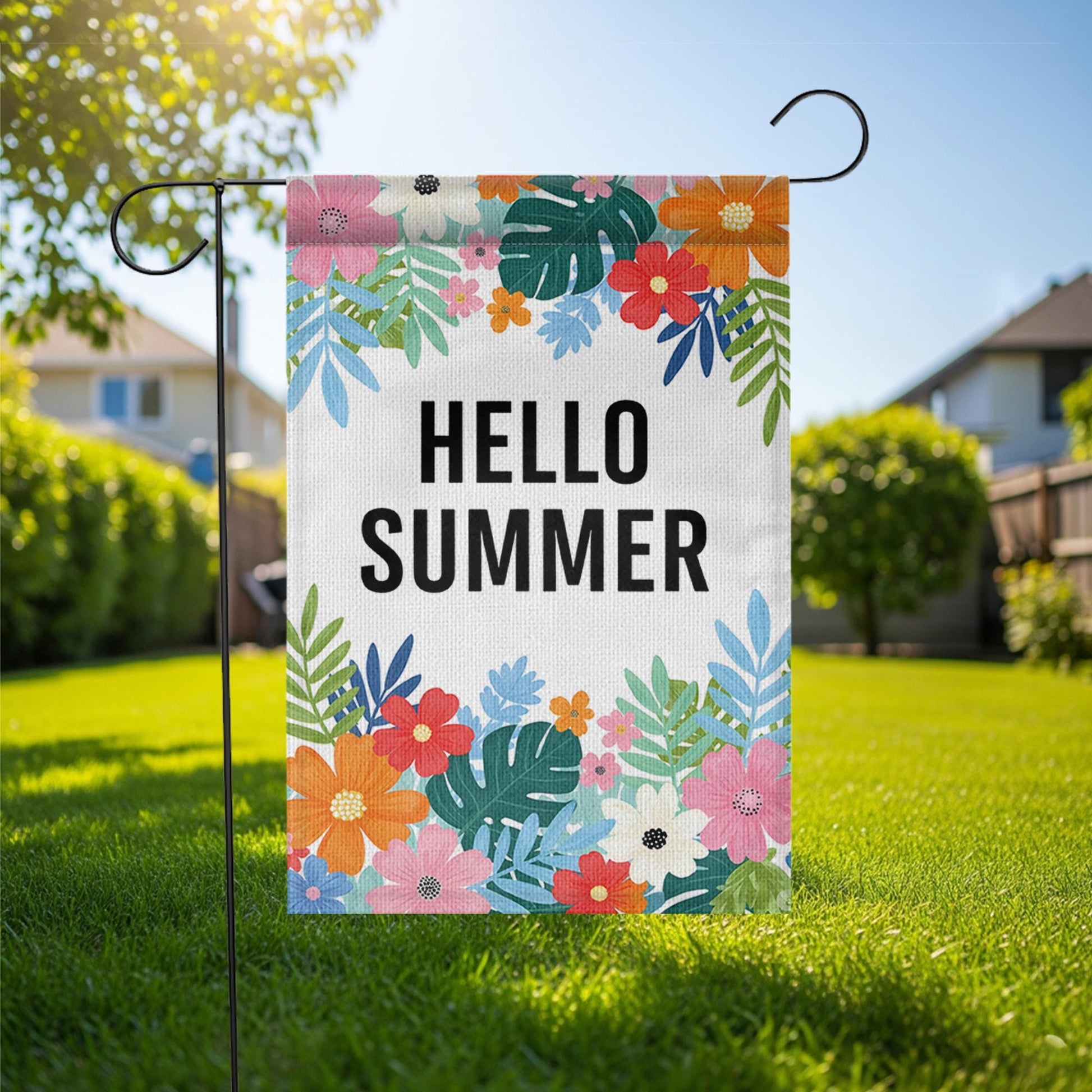 Hello Summer Garden Flag, Colorful Floral Outdoor Yard Decor, Summer Porch Flag, Seasonal Welcome Sign for Garden or Patio