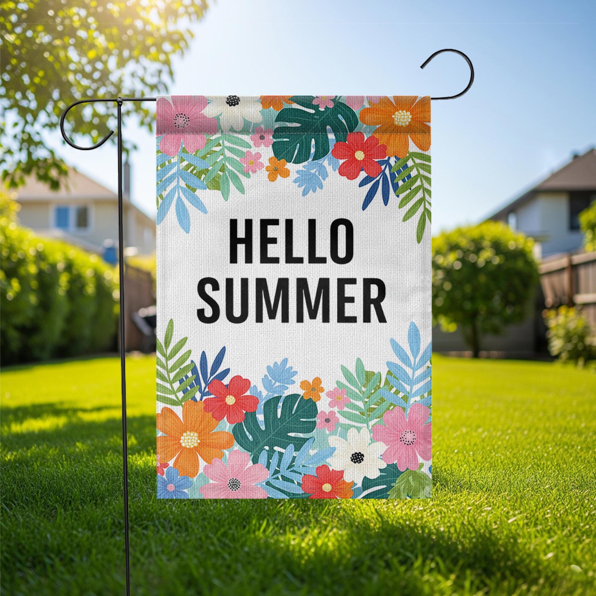 Hello Summer Garden Flag, Colorful Floral Outdoor Yard Decor, Summer Porch Flag, Seasonal Welcome Sign for Garden or Patio