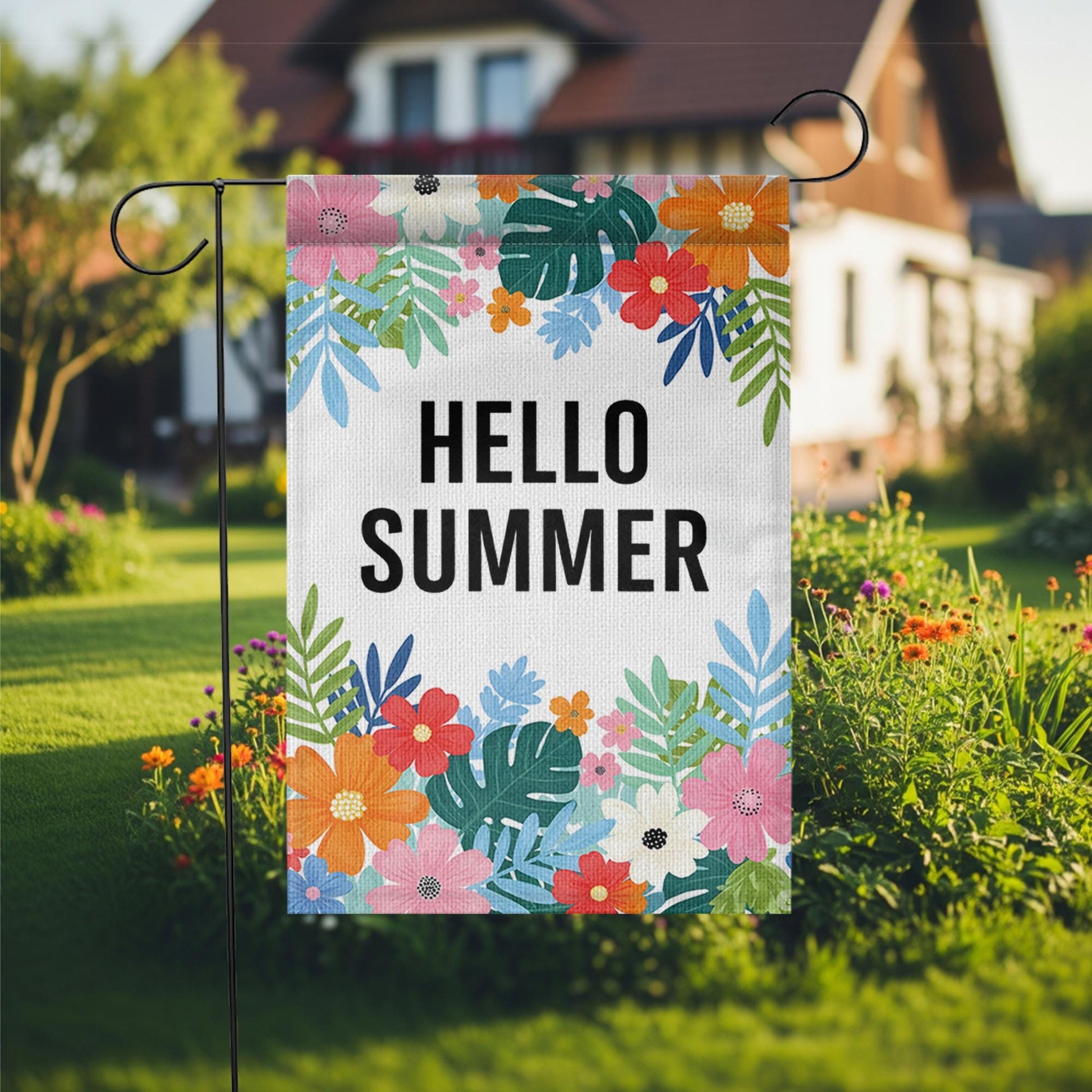 Hello Summer Garden Flag, Colorful Floral Outdoor Yard Decor, Summer Porch Flag, Seasonal Welcome Sign for Garden or Patio