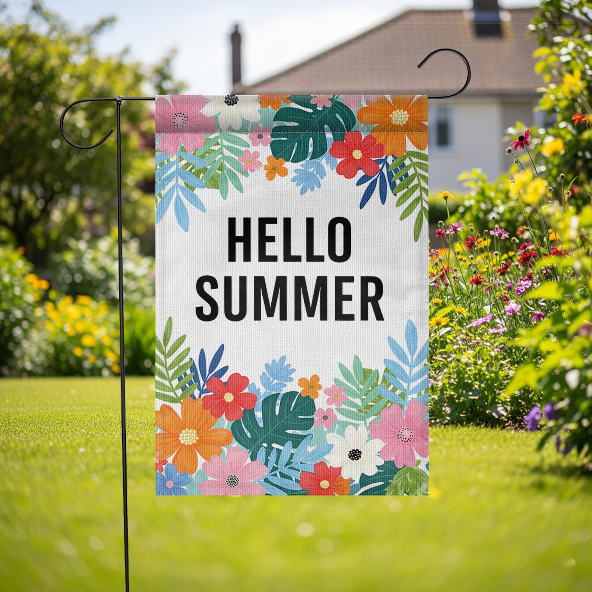 Hello Summer Garden Flag, Colorful Floral Outdoor Yard Decor, Summer Porch Flag, Seasonal Welcome Sign for Garden or Patio