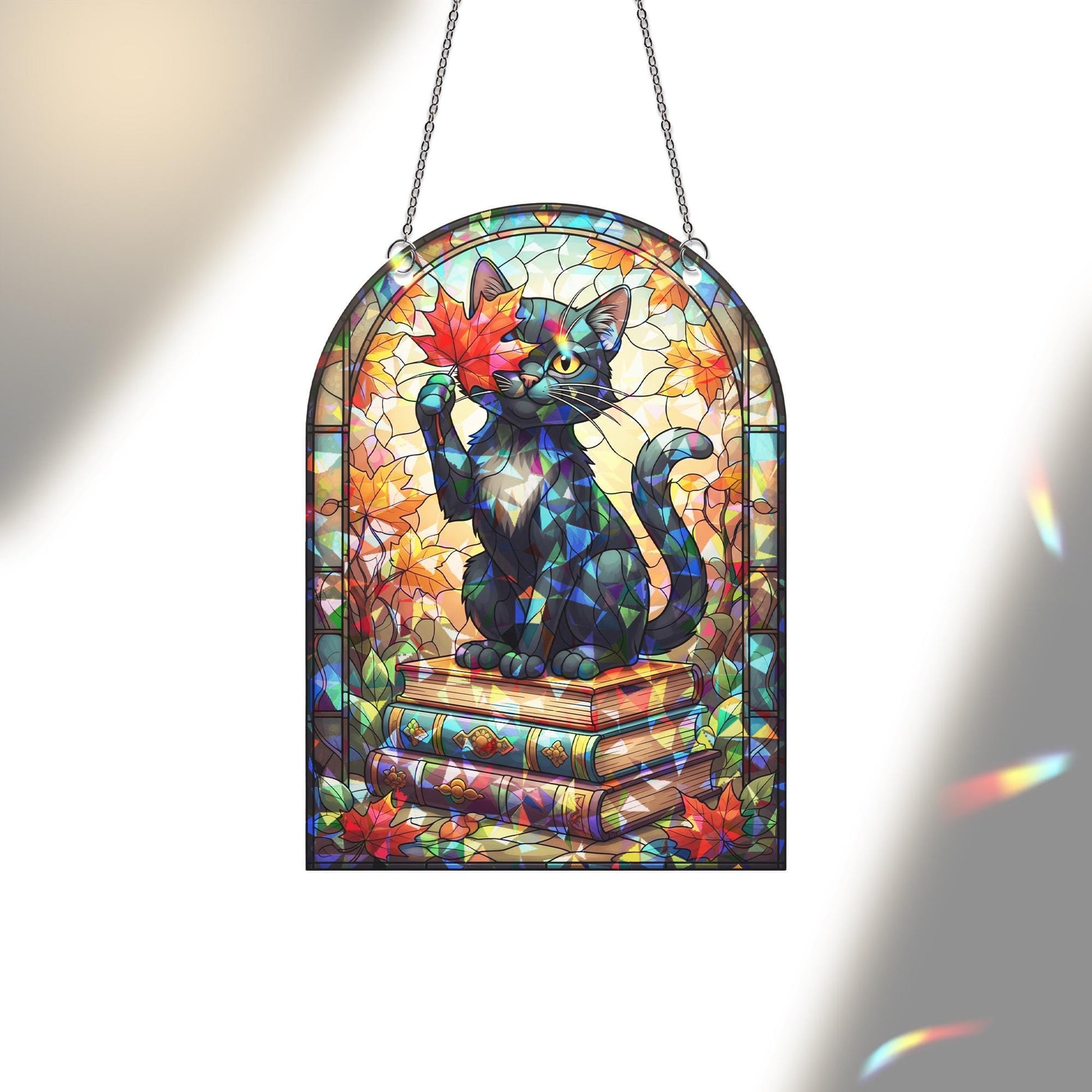 Holographic Black Cat Suncatcher - Fall Leaf Book Lover Window Hanging, Stained Glass Style Cozy Cottagecore Autumn Cat Decor Gift