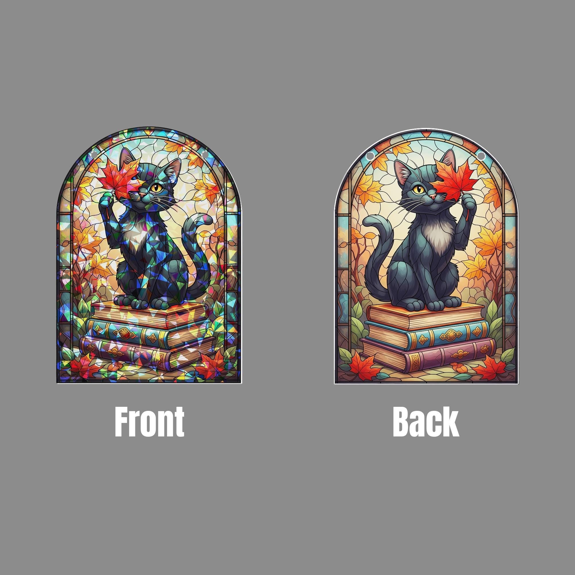 Holographic Black Cat Suncatcher - Fall Leaf Book Lover Window Hanging, Stained Glass Style Cozy Cottagecore Autumn Cat Decor Gift