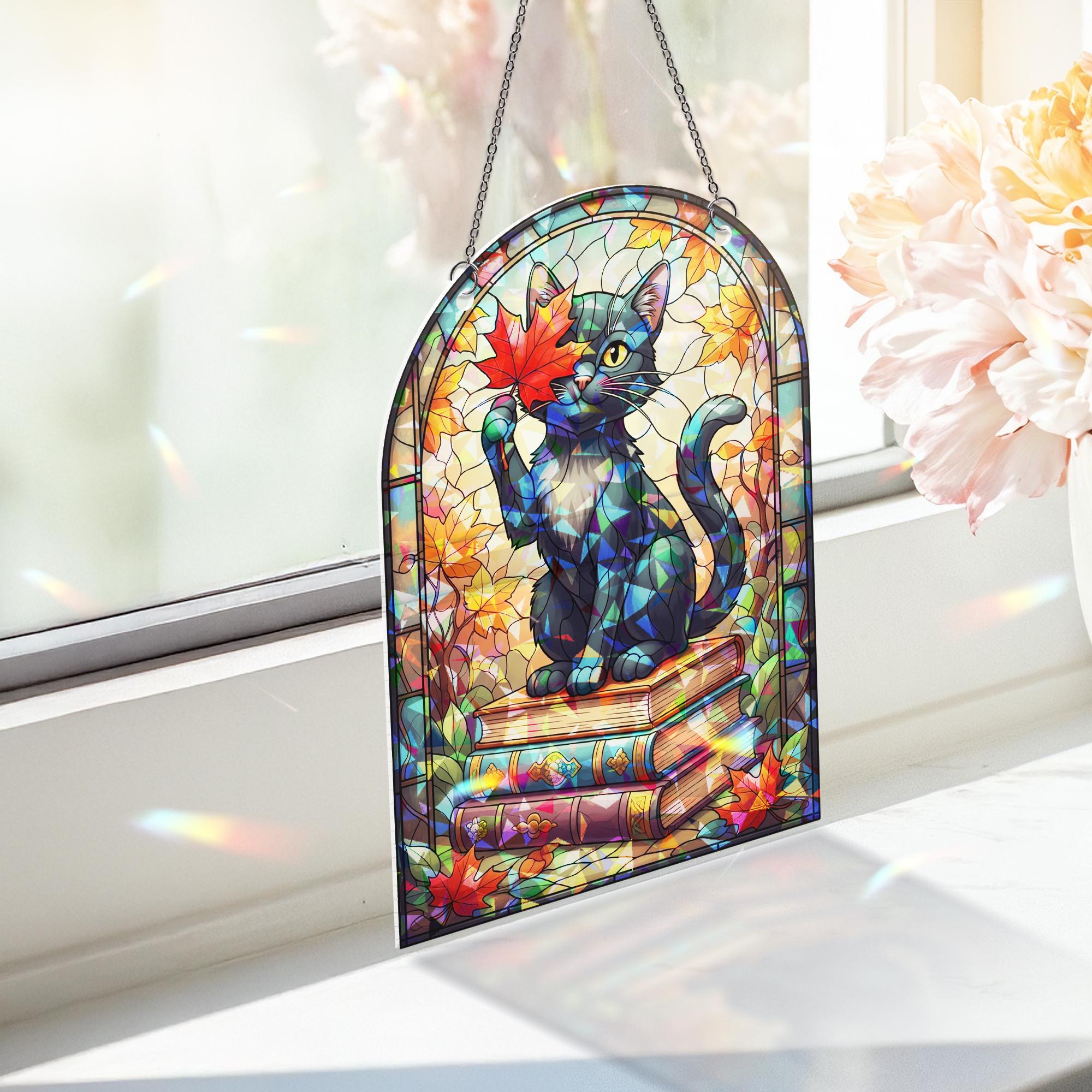Holographic Black Cat Suncatcher - Fall Leaf Book Lover Window Hanging, Stained Glass Style Cozy Cottagecore Autumn Cat Decor Gift