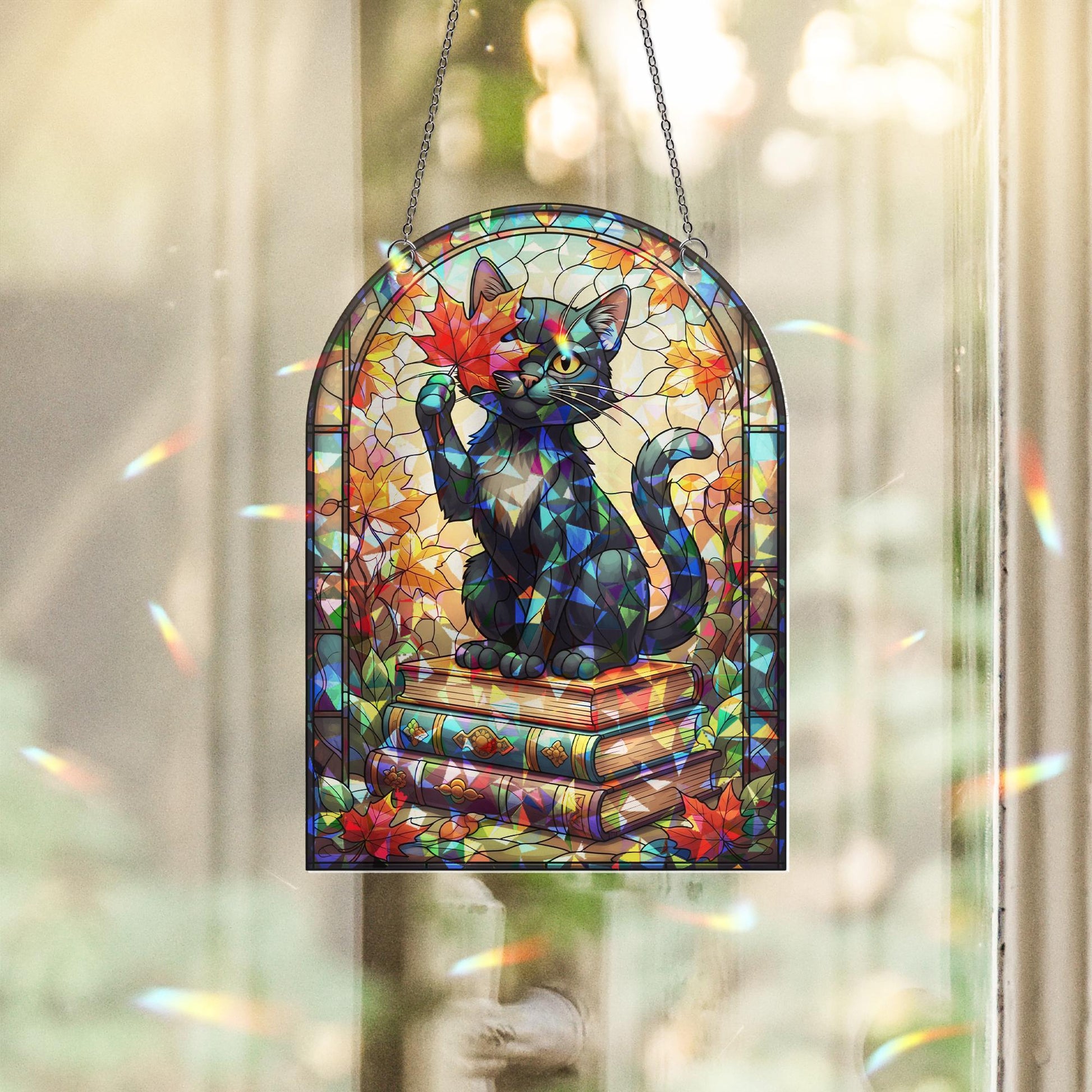 Holographic Black Cat Suncatcher - Fall Leaf Book Lover Window Hanging, Stained Glass Style Cozy Cottagecore Autumn Cat Decor Gift