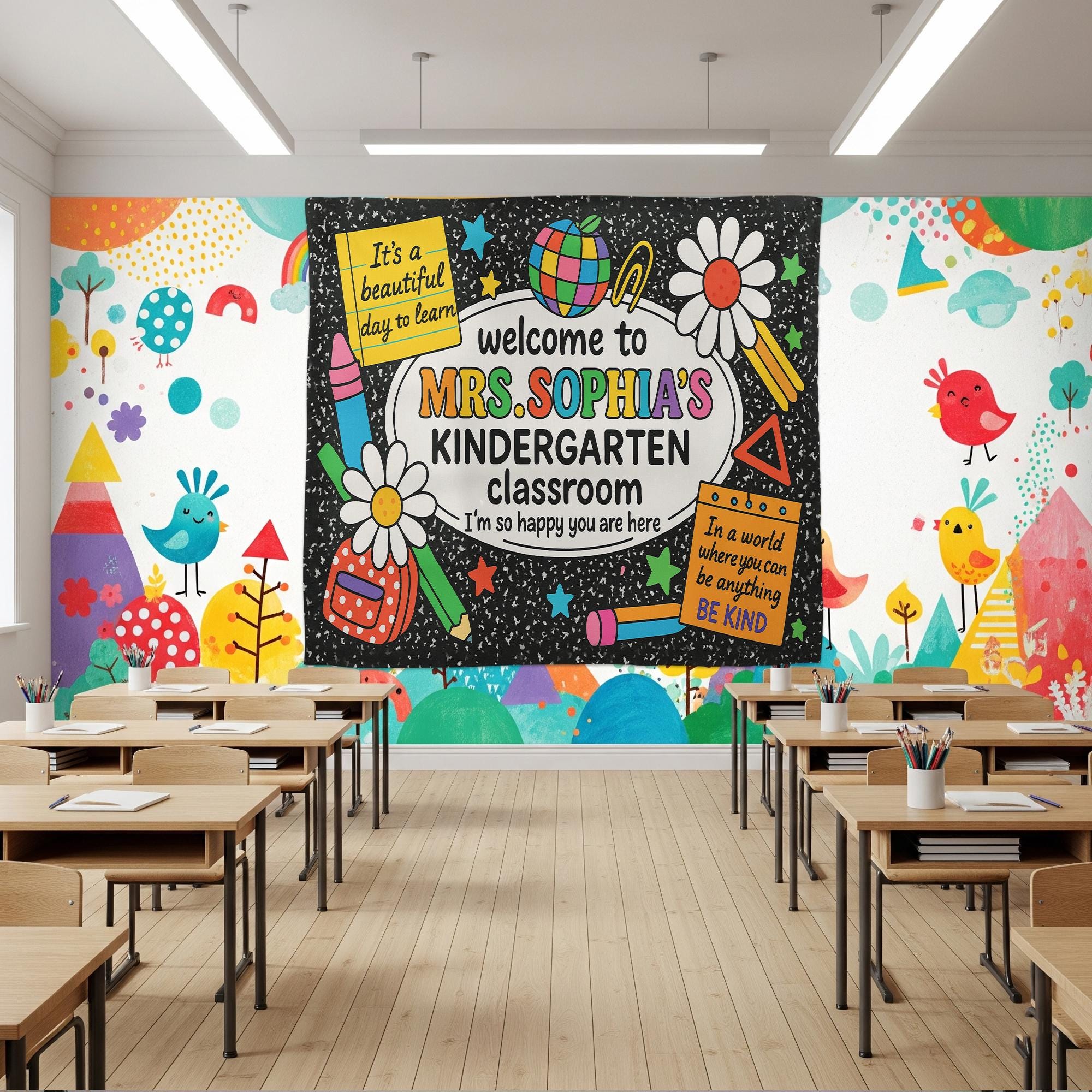 Welcome Tapestry for Kindergarten Classroom, Custom Teacher Wall Decor, Teacher Sign, Back to School Bulletin Board Decoration