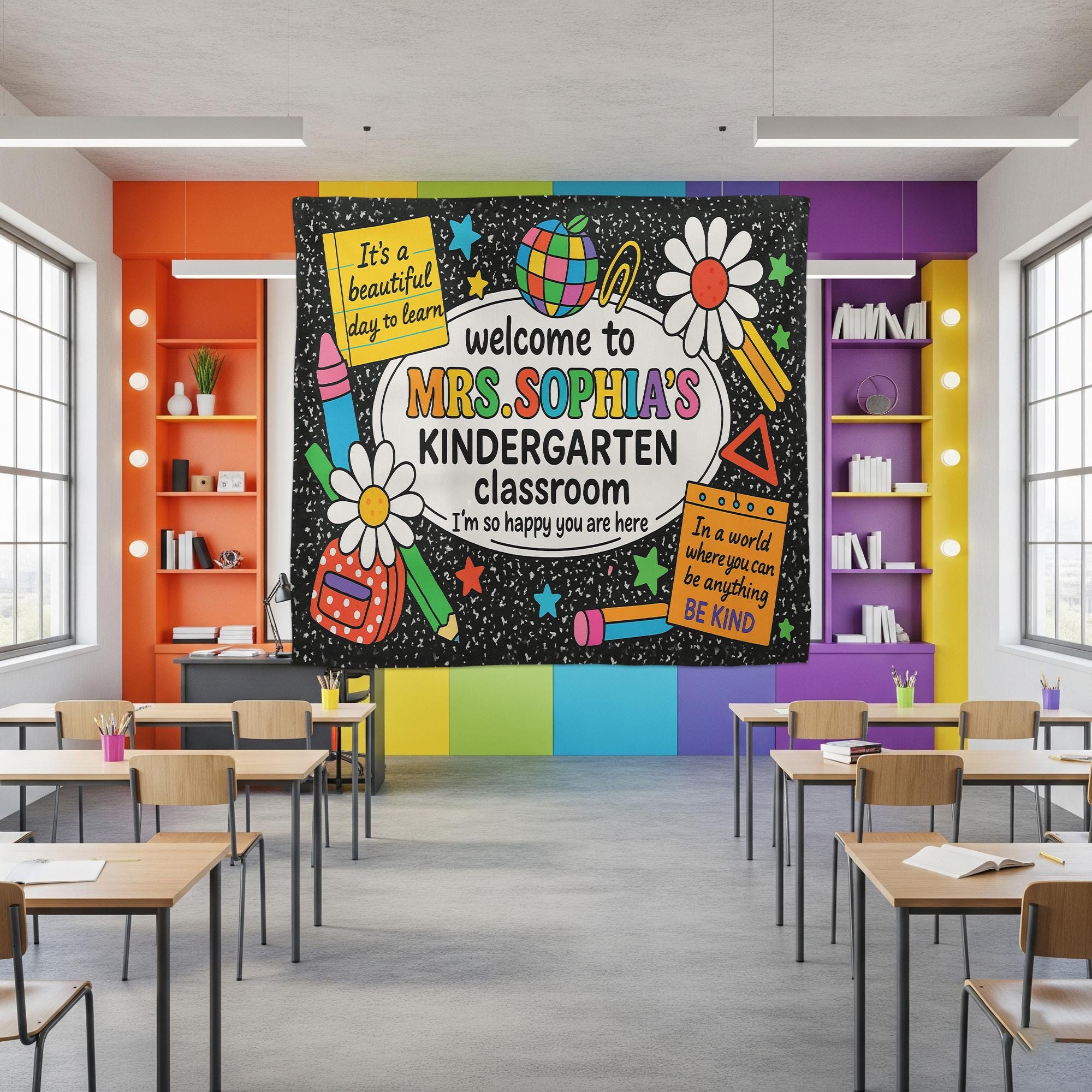 Welcome Tapestry for Kindergarten Classroom, Custom Teacher Wall Decor, Teacher Sign, Back to School Bulletin Board Decoration