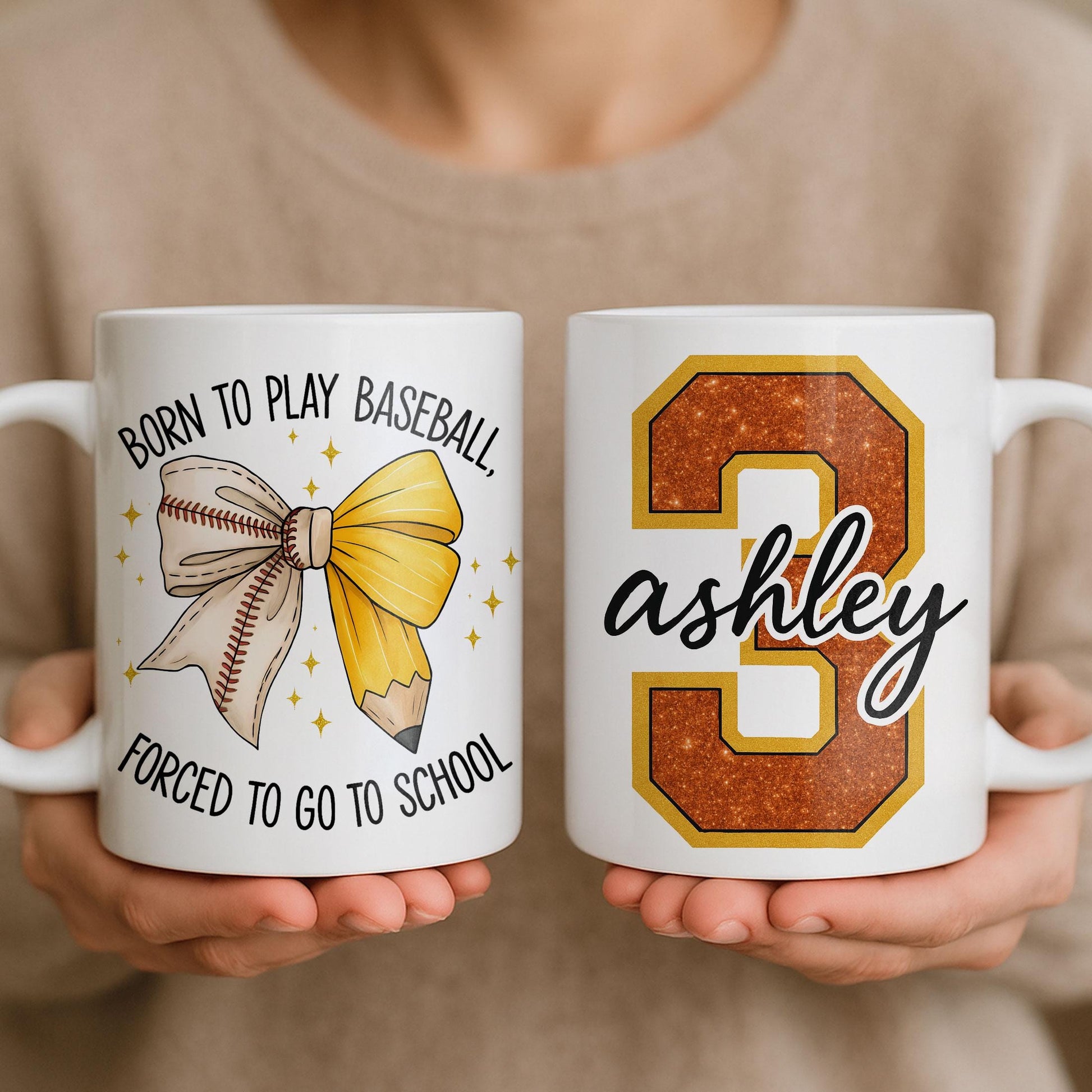 Personalized Baseball Tumbler, Custom Name Glitter Number, Softball Player Gift, Born to Play School Cup, Team Gift for Girls & Women