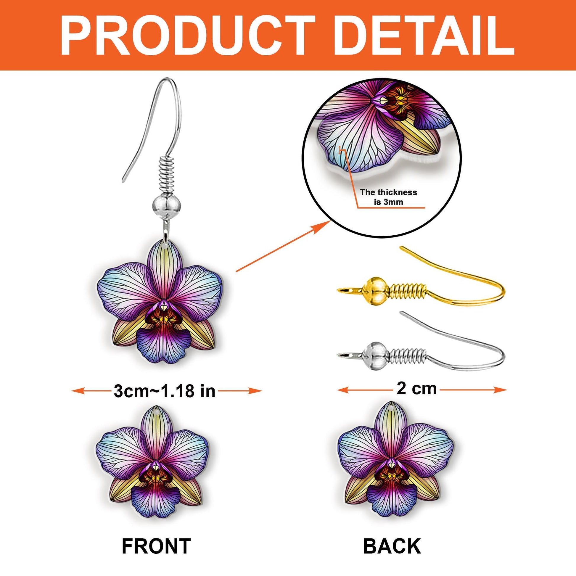 Orchid Flower Drop Earrings - Colorful Botanical Dangle Jewelry, Tropical Floral Earrings for Women, Lightweight Garden Gift
