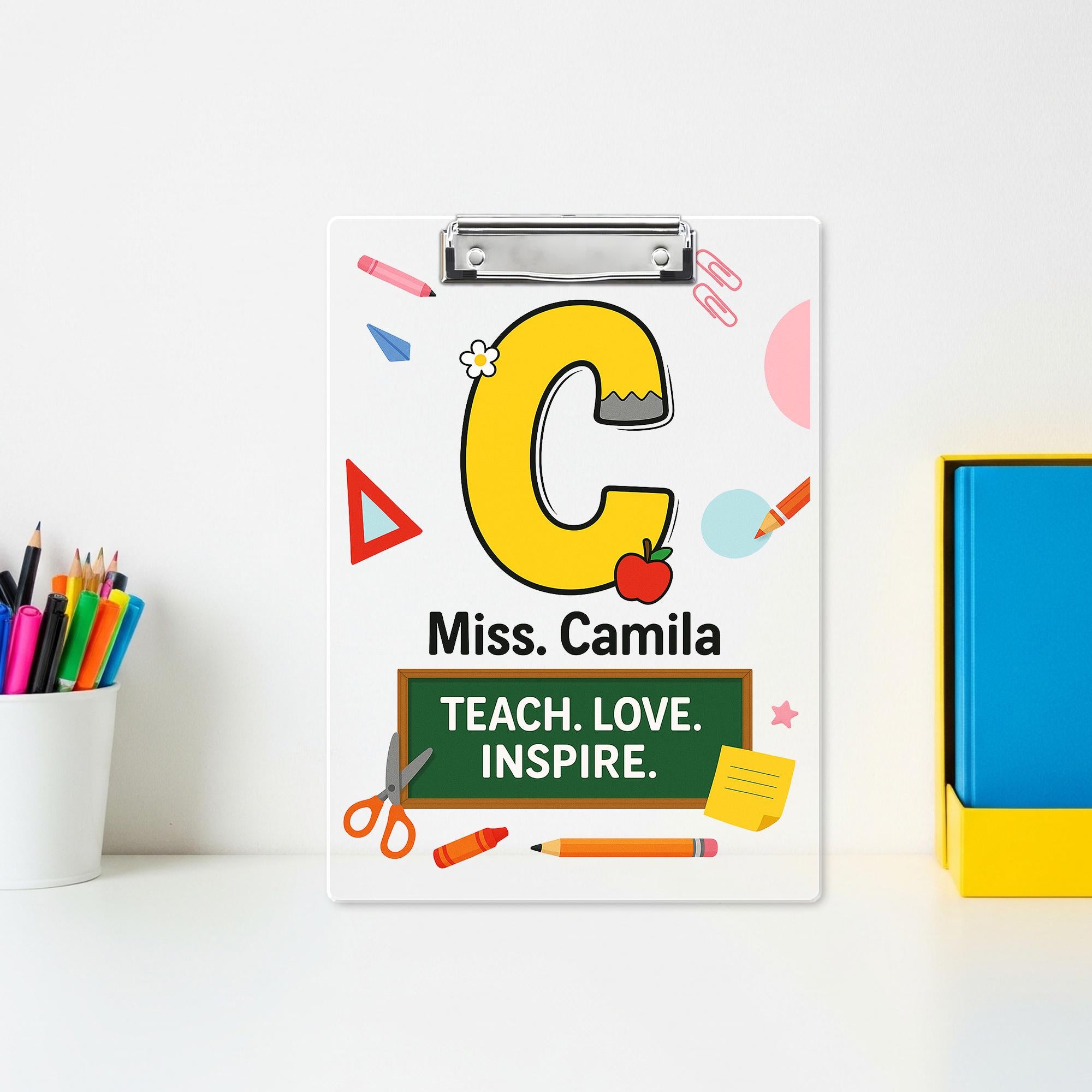 Custom Teacher Clipboard with Name, Personalized Gift for Teacher, Teach Love Inspire School Supplies, Cute Back to School Clipboard