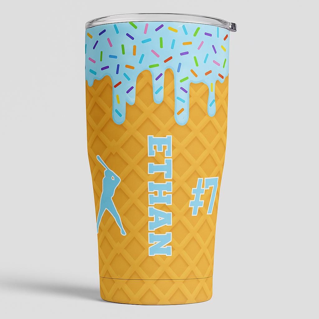 Personalized Baseball Tumbler, Custom Name Ice Cream Cone Cup for Kids, Sports Team Gift with Number, Donut Sprinkles Travel Mug