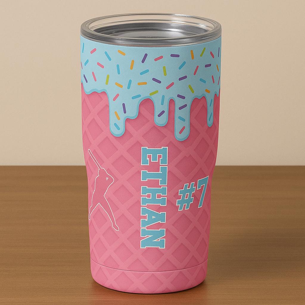 Personalized Baseball Tumbler, Custom Name Ice Cream Cone Cup for Kids, Sports Team Gift with Number, Donut Sprinkles Travel Mug
