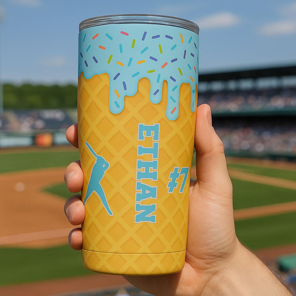Personalized Baseball Tumbler, Custom Name Ice Cream Cone Cup for Kids, Sports Team Gift with Number, Donut Sprinkles Travel Mug