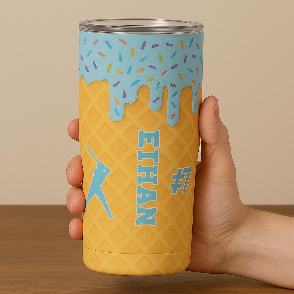 Personalized Baseball Tumbler, Custom Name Ice Cream Cone Cup for Kids, Sports Team Gift with Number, Donut Sprinkles Travel Mug